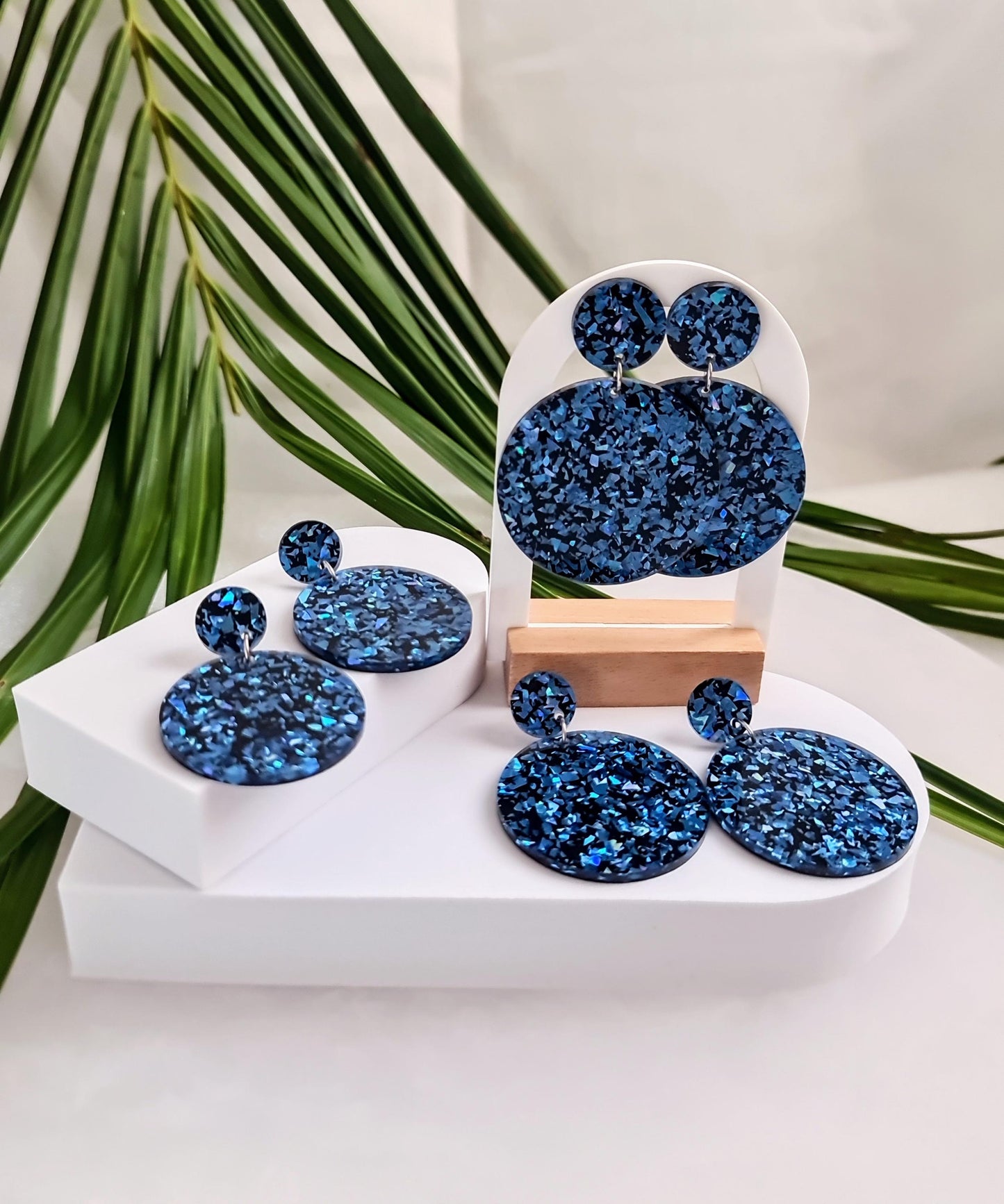 Statement Circle Long Dangle Earrings, Blue Shards Black Mix Earrings, Acrylic Earrings, Stainless Steel Earrings. Choose from 6 sizes