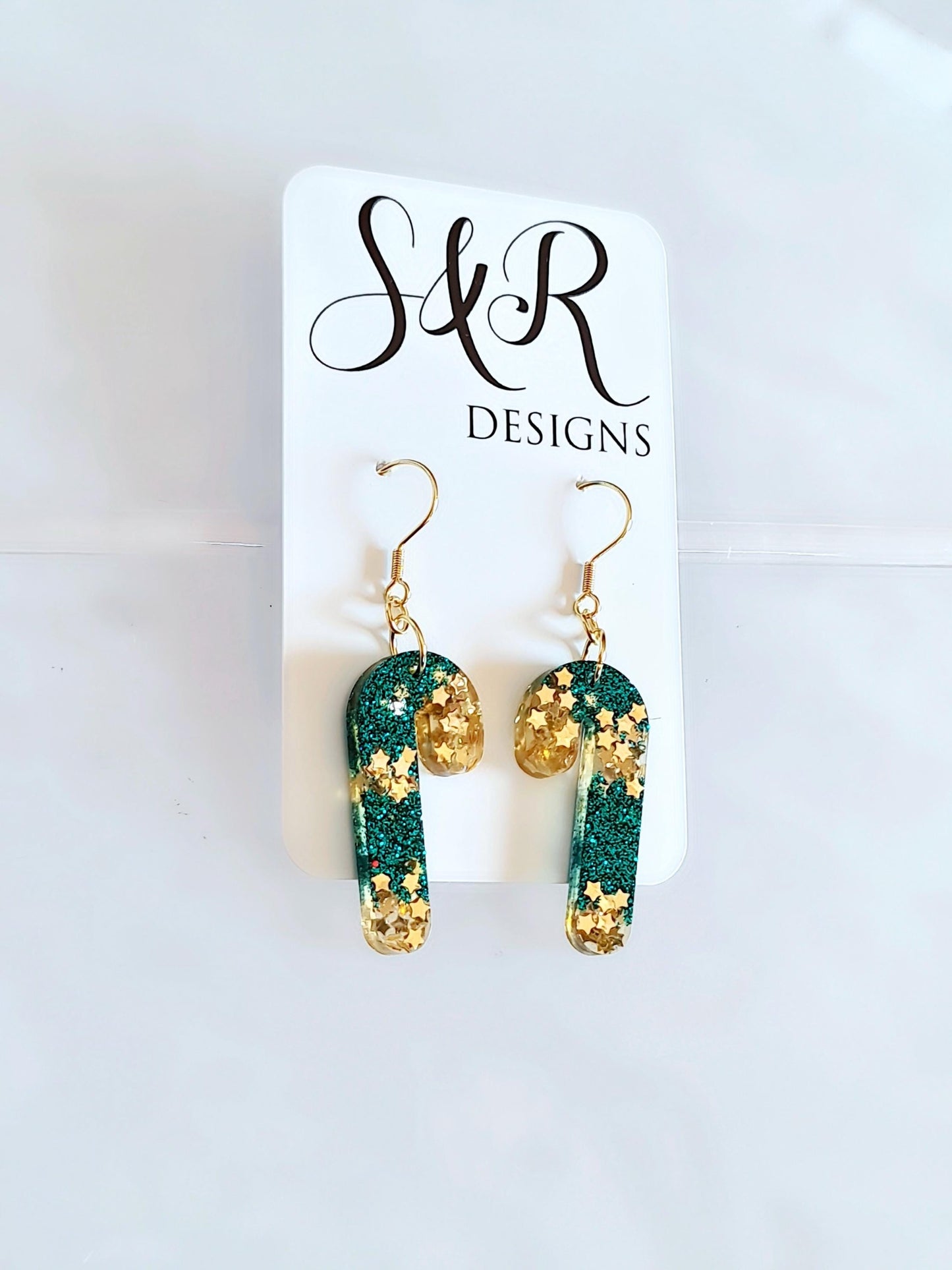 Christmas Candy Cane Dangle Drop Earwire Earrings, Gold Stars and Teal Glitter, Statement Handmade Resin Earrings, Hypoallergenic