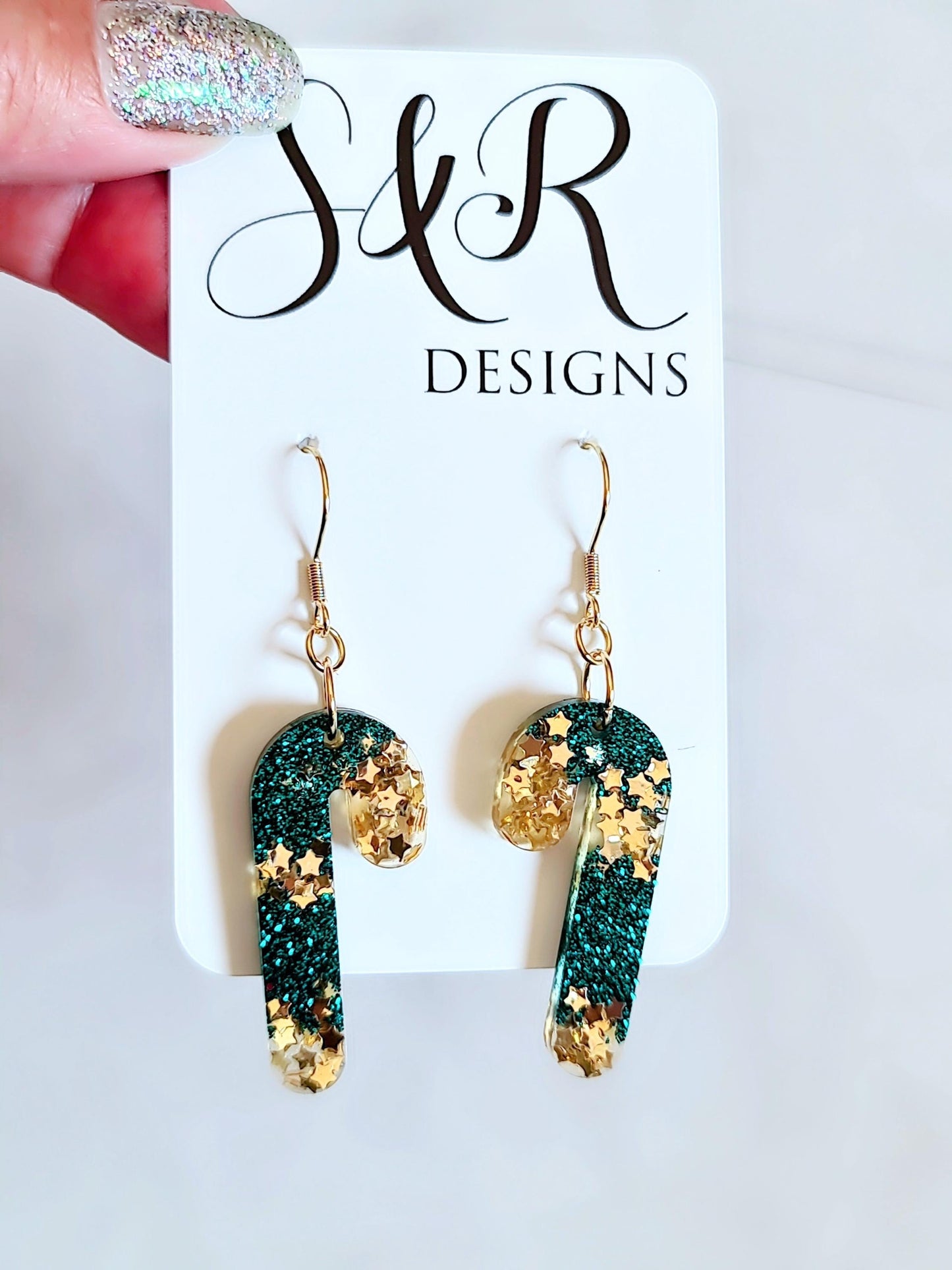 Christmas Candy Cane Dangle Drop Earwire Earrings, Gold Stars and Teal Glitter, Statement Handmade Resin Earrings, Hypoallergenic