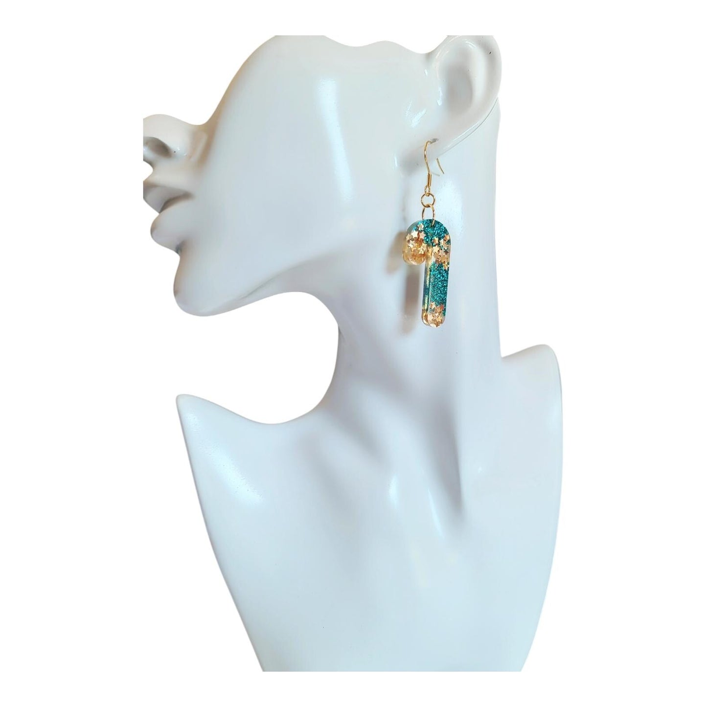 Christmas Candy Cane Dangle Drop Earwire Earrings, Gold Stars and Teal Glitter, Statement Handmade Resin Earrings, Hypoallergenic