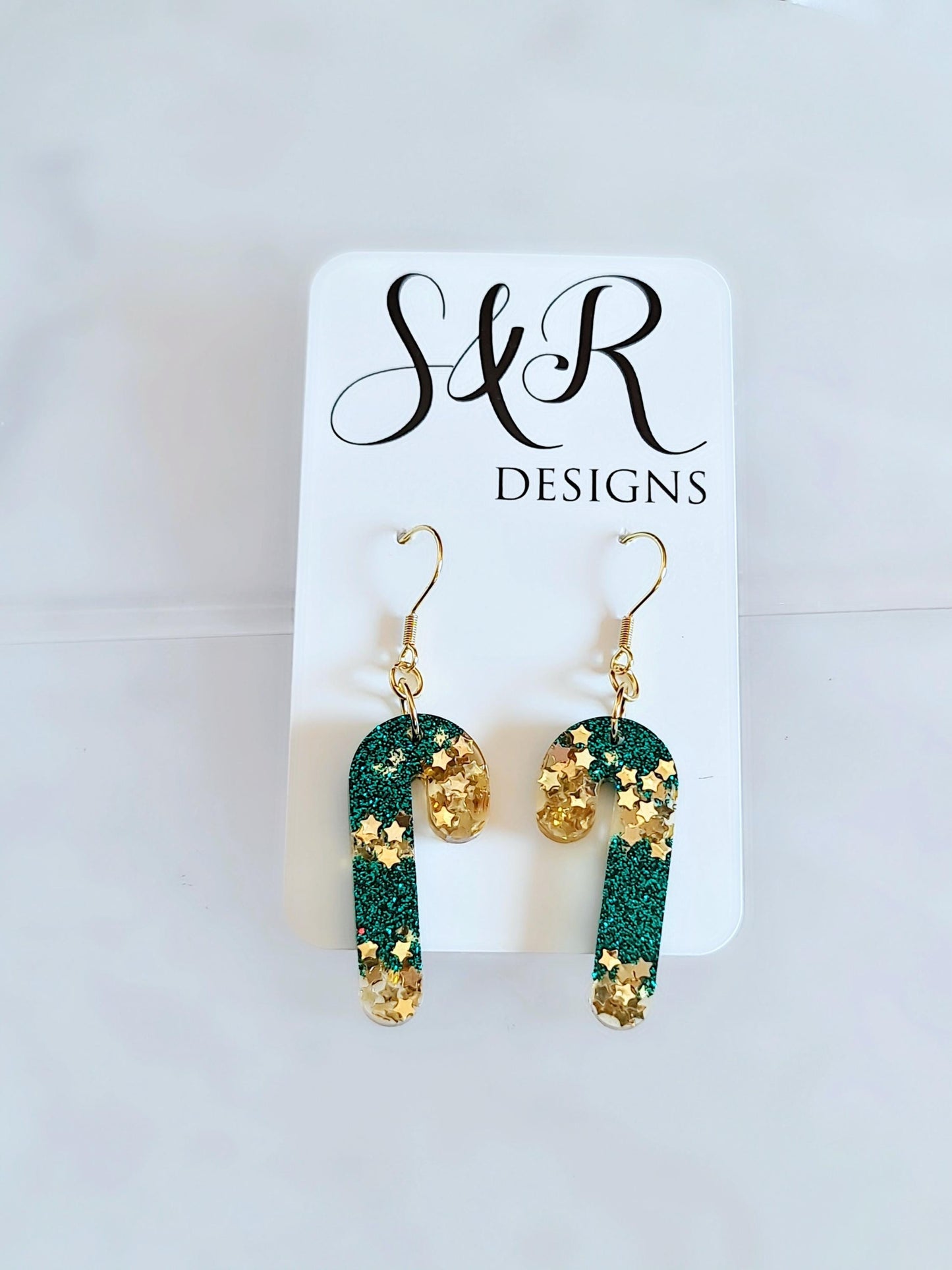 Christmas Candy Cane Dangle Drop Earwire Earrings, Gold Stars and Teal Glitter, Statement Handmade Resin Earrings, Hypoallergenic