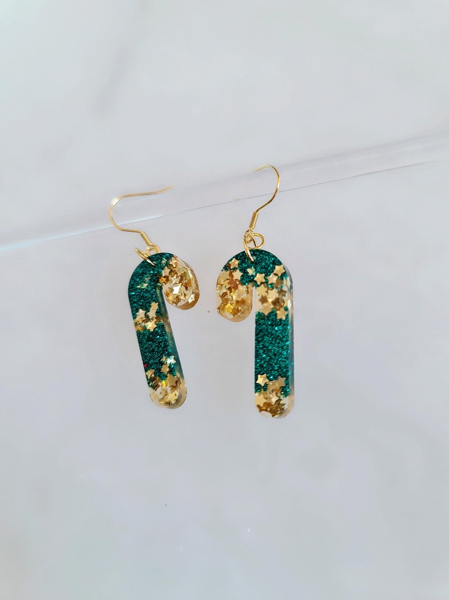 Christmas Candy Cane Dangle Drop Earwire Earrings, Gold Stars and Teal Glitter, Statement Handmade Resin Earrings, Hypoallergenic