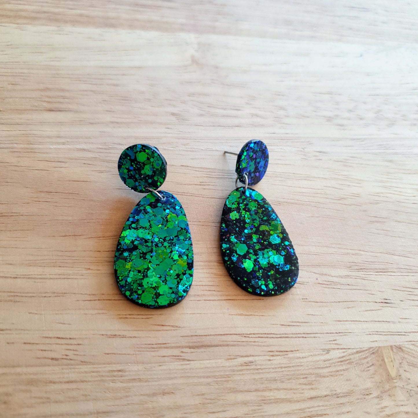 Statement Oval Organic Shape Drop Earrings, Green Blue Changing Glitter, Resin Handmade, Stainless Steel. Personalised Gift Custom Colours