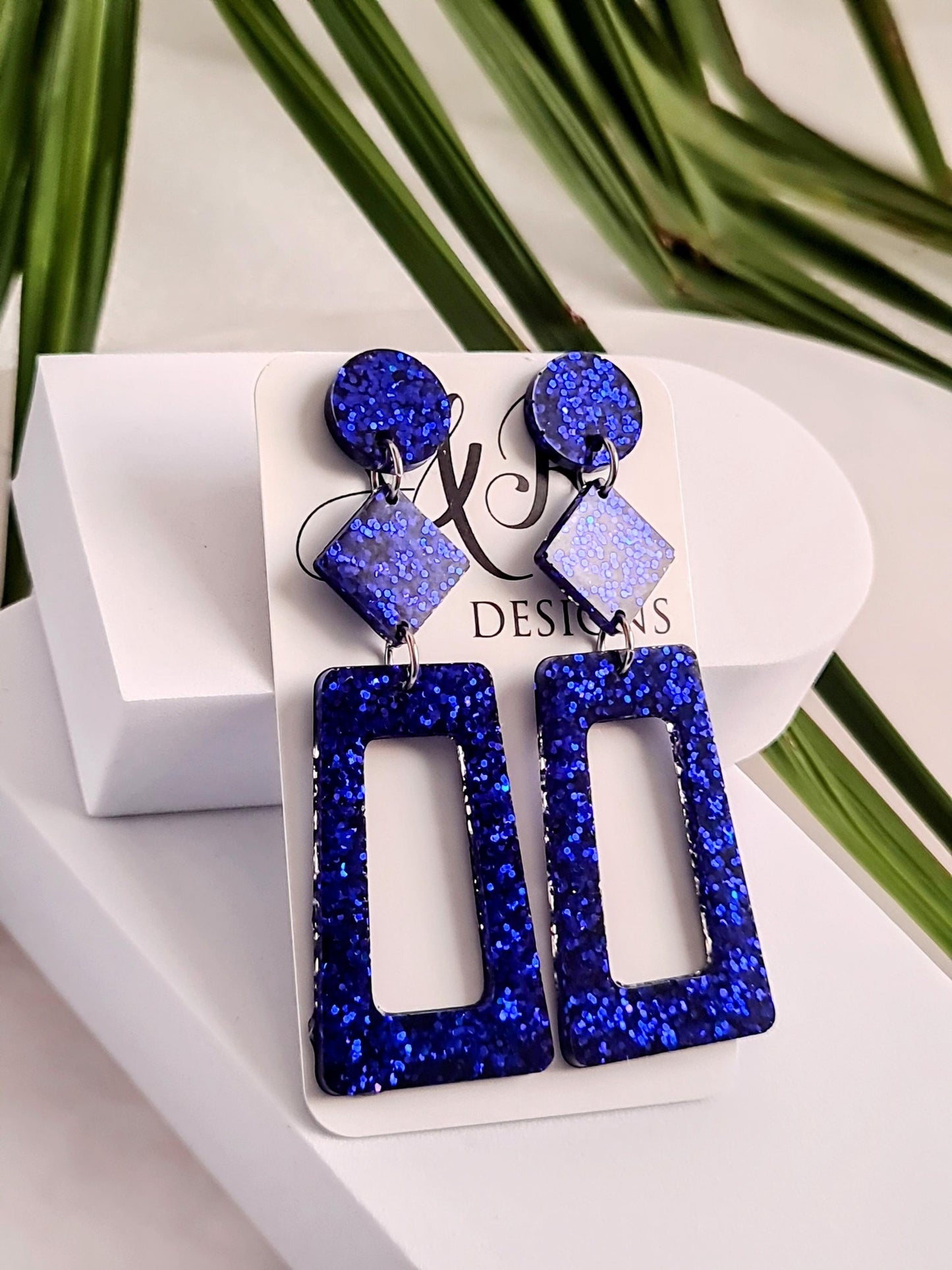 Metallic Blue Rectangle Long Dangle Earrings, Statement Silver Blue Glitter Handmade, Long Dangle Drop Earrings, 8.5cm Long, Birthday Gift