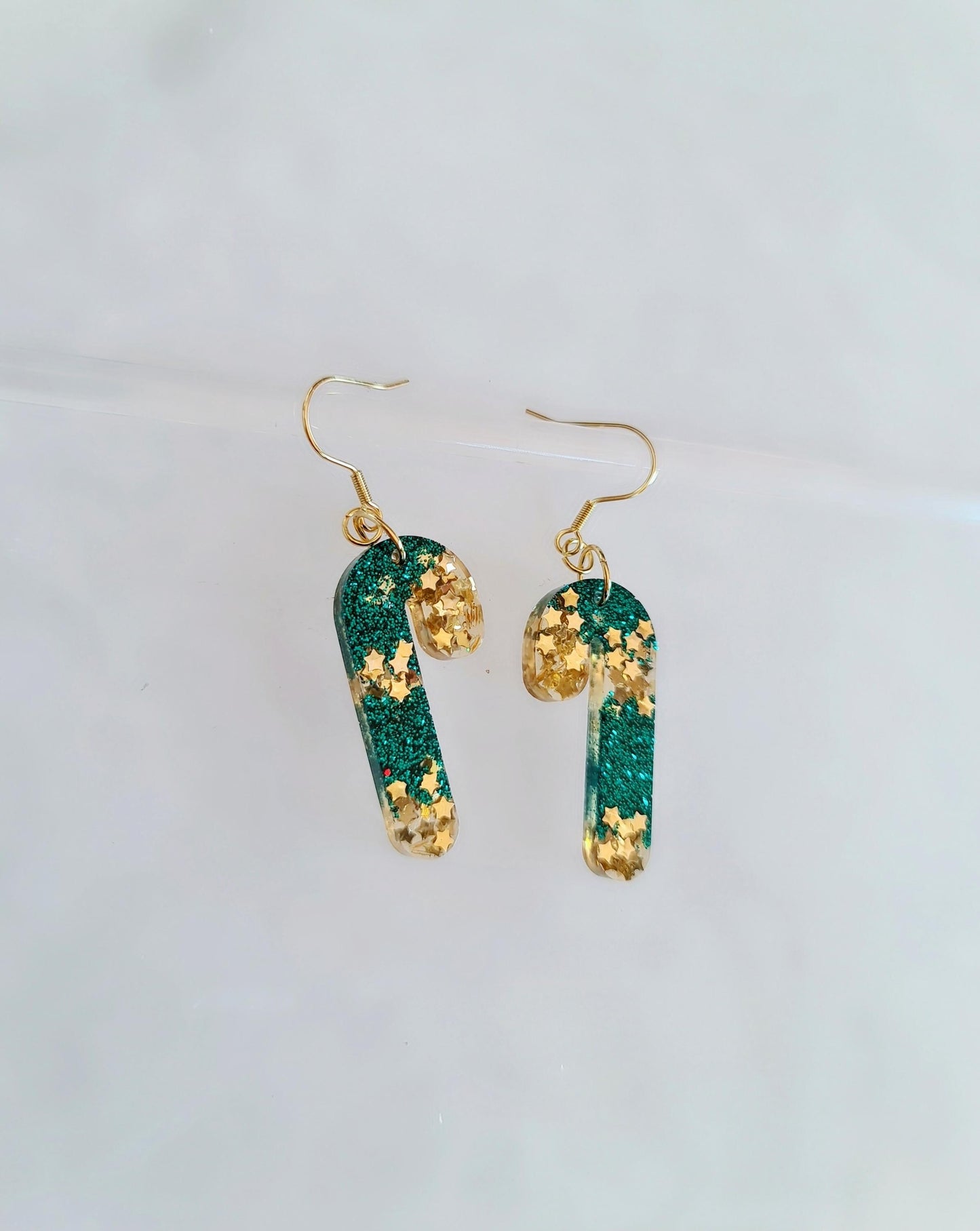 Christmas Candy Cane Dangle Drop Earwire Earrings, Gold Stars and Teal Glitter, Statement Handmade Resin Earrings, Hypoallergenic