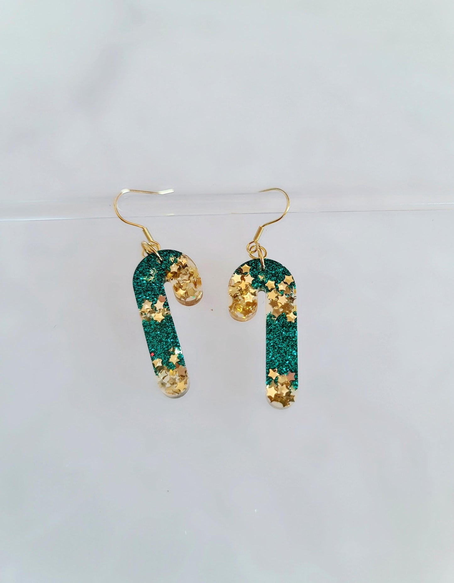 Christmas Candy Cane Dangle Drop Earwire Earrings, Gold Stars and Teal Glitter, Statement Handmade Resin Earrings, Hypoallergenic