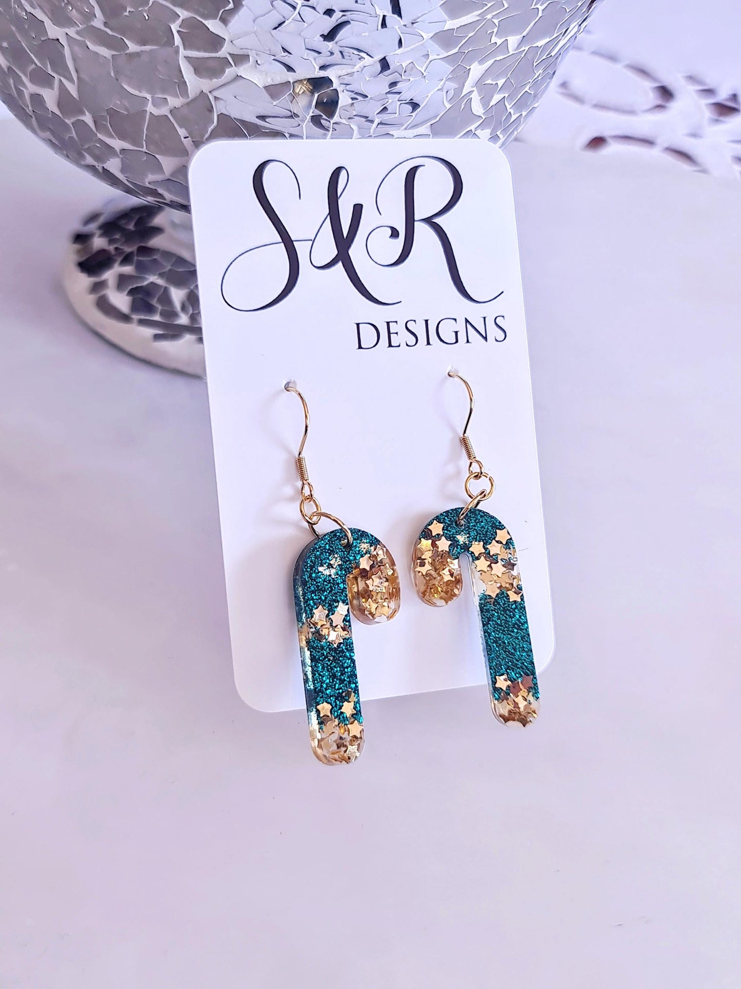 Christmas Candy Cane Dangle Drop Earwire Earrings, Gold Stars and Teal Glitter, Statement Handmade Resin Earrings, Hypoallergenic