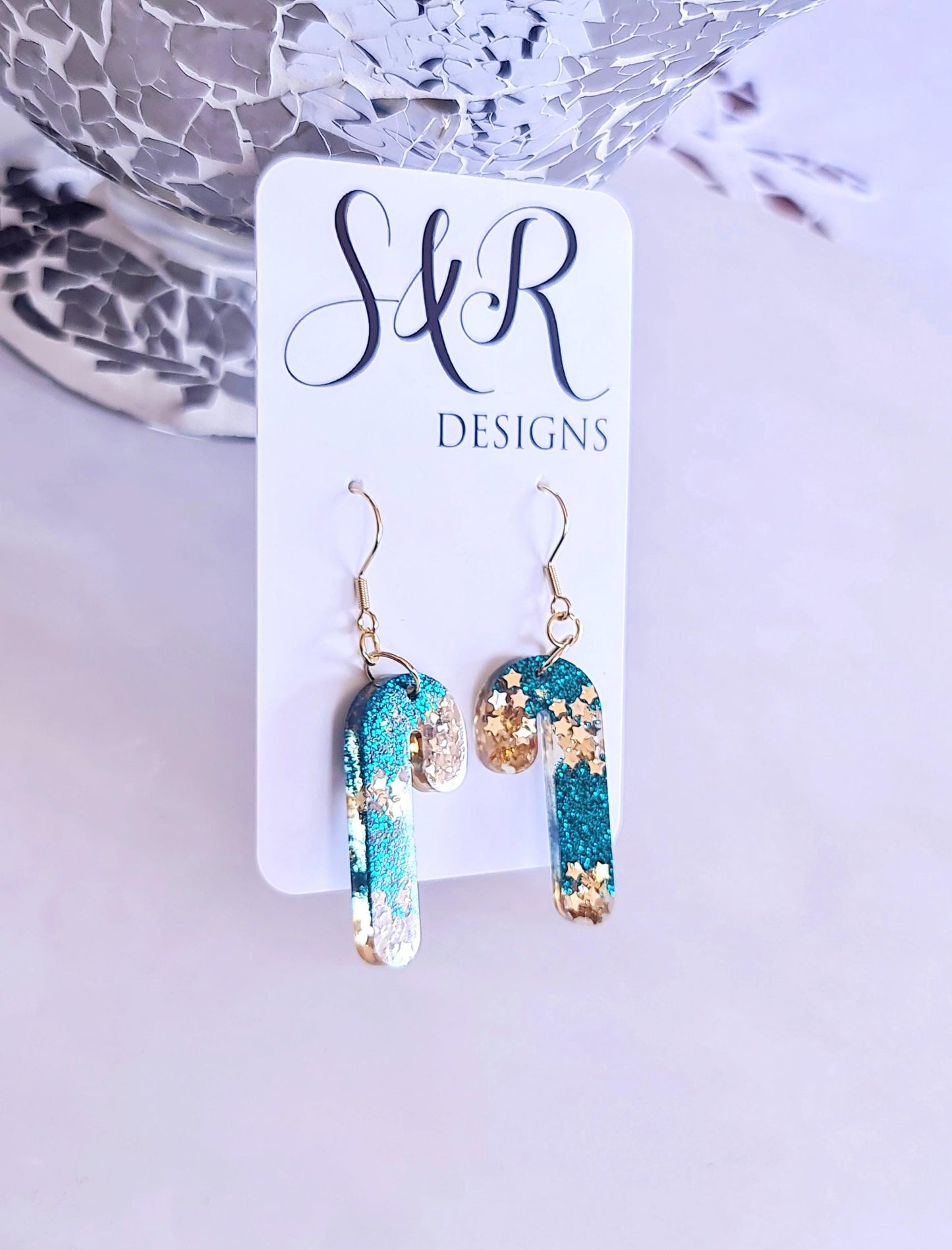 Christmas Candy Cane Dangle Drop Earwire Earrings, Gold Stars and Teal Glitter, Statement Handmade Resin Earrings, Hypoallergenic