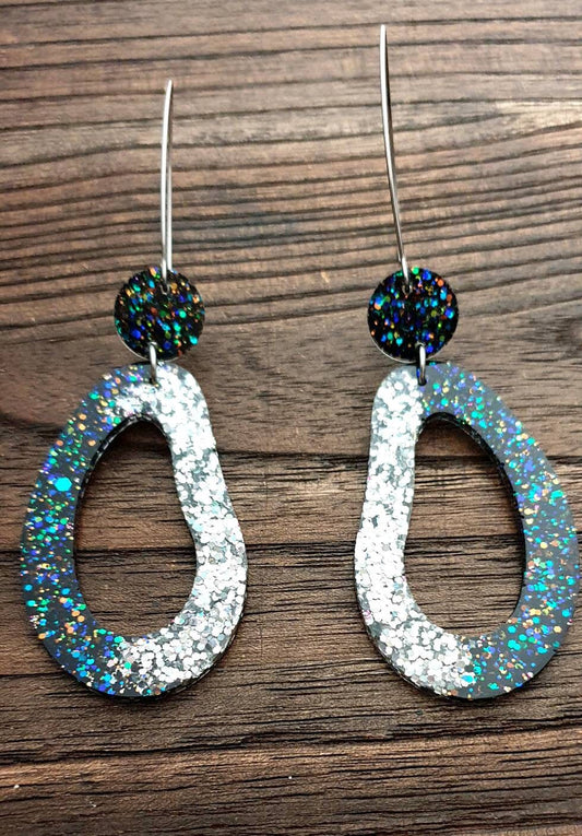 Large Unique Oval Design Long Dangle Earrings, Black Rainbow Silver Holographic Glitter Resin Dangle Statement Earrings