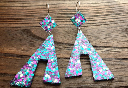 Large Unique Design Long Dangle Earrings, Teal Silver Purple Glitter Resin Dangle Statement Earrings