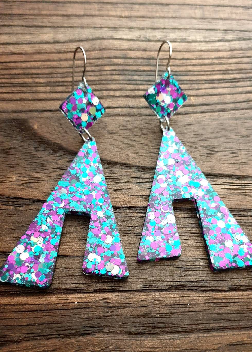 Large Unique Design Long Dangle Earrings, Teal Silver Purple Glitter Resin Dangle Statement Earrings