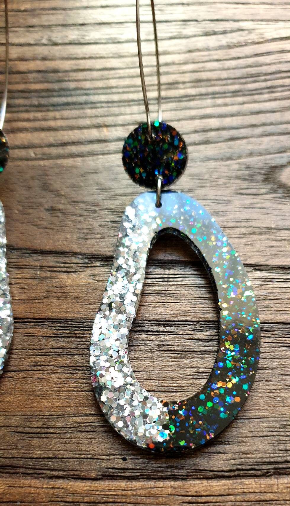 Large Unique Oval Design Long Dangle Earrings, Black Rainbow Silver Holographic Glitter Resin Dangle Statement Earrings