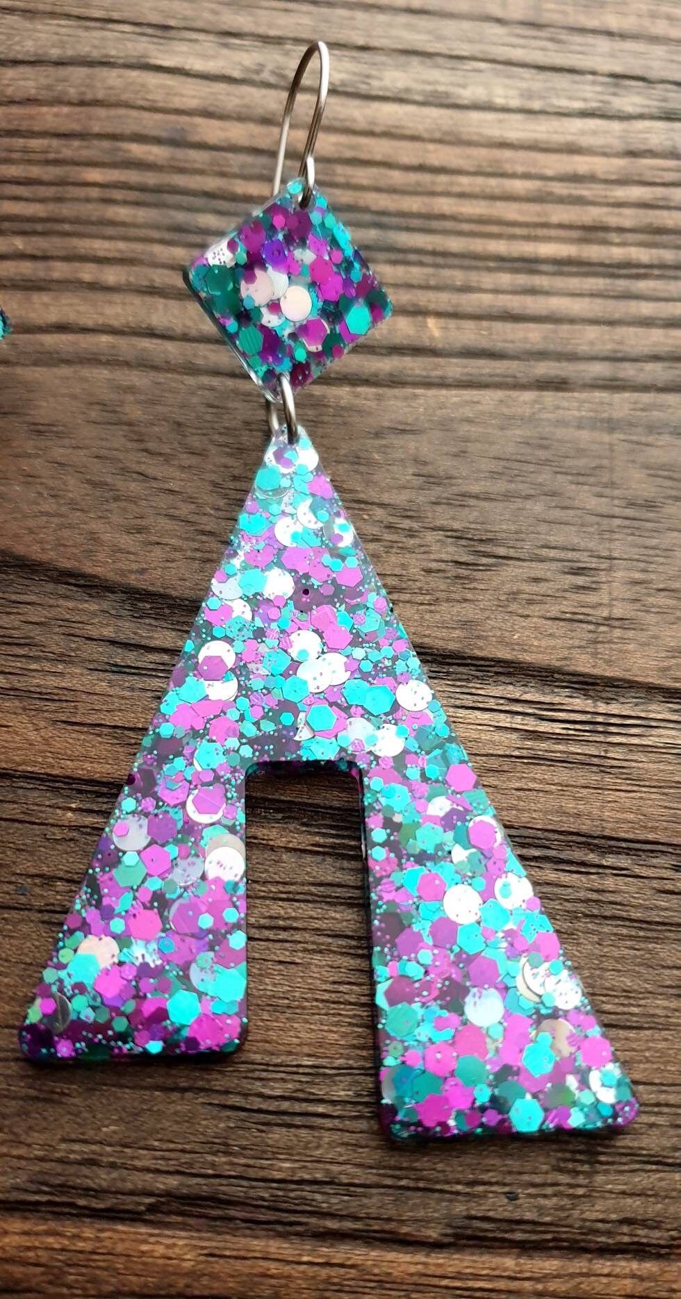 Large Unique Design Long Dangle Earrings, Teal Silver Purple Glitter Resin Dangle Statement Earrings