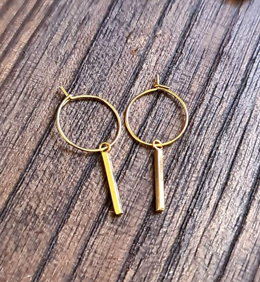 Gold Bar Hoop Earrings, Stainless Steel Dangle Bar Earrings, Choose Hoop, Leverback,  Earwire Hook or Threaders