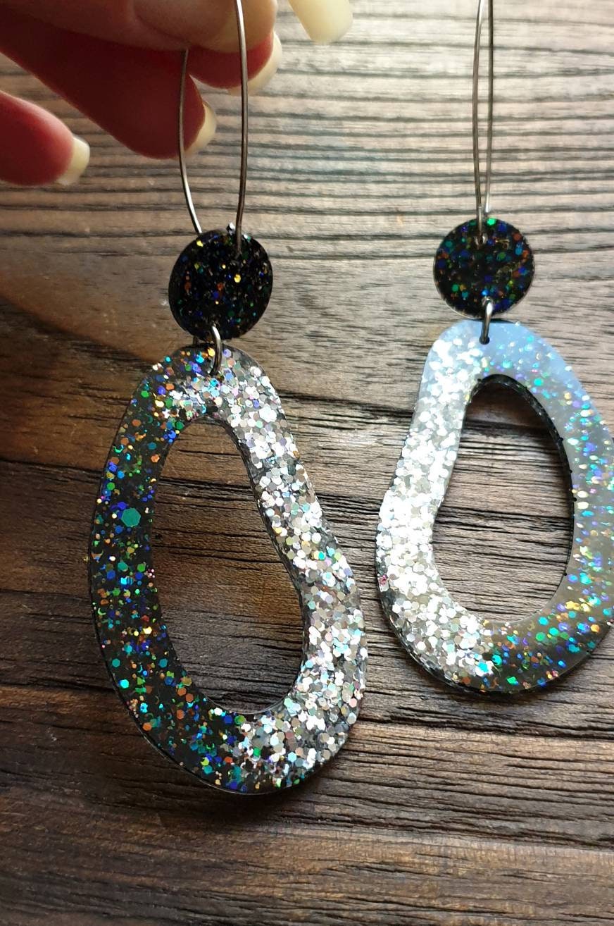 Large Unique Oval Design Long Dangle Earrings, Black Rainbow Silver Holographic Glitter Resin Dangle Statement Earrings
