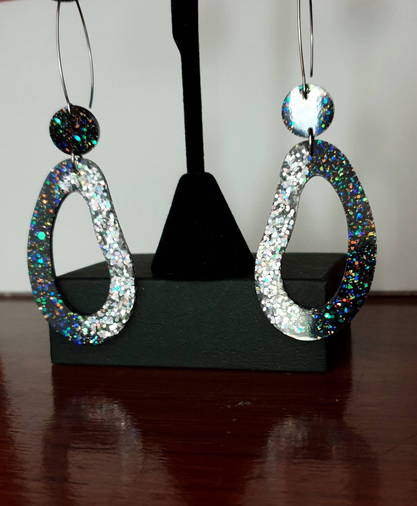 Large Unique Oval Design Long Dangle Earrings, Black Rainbow Silver Holographic Glitter Resin Dangle Statement Earrings