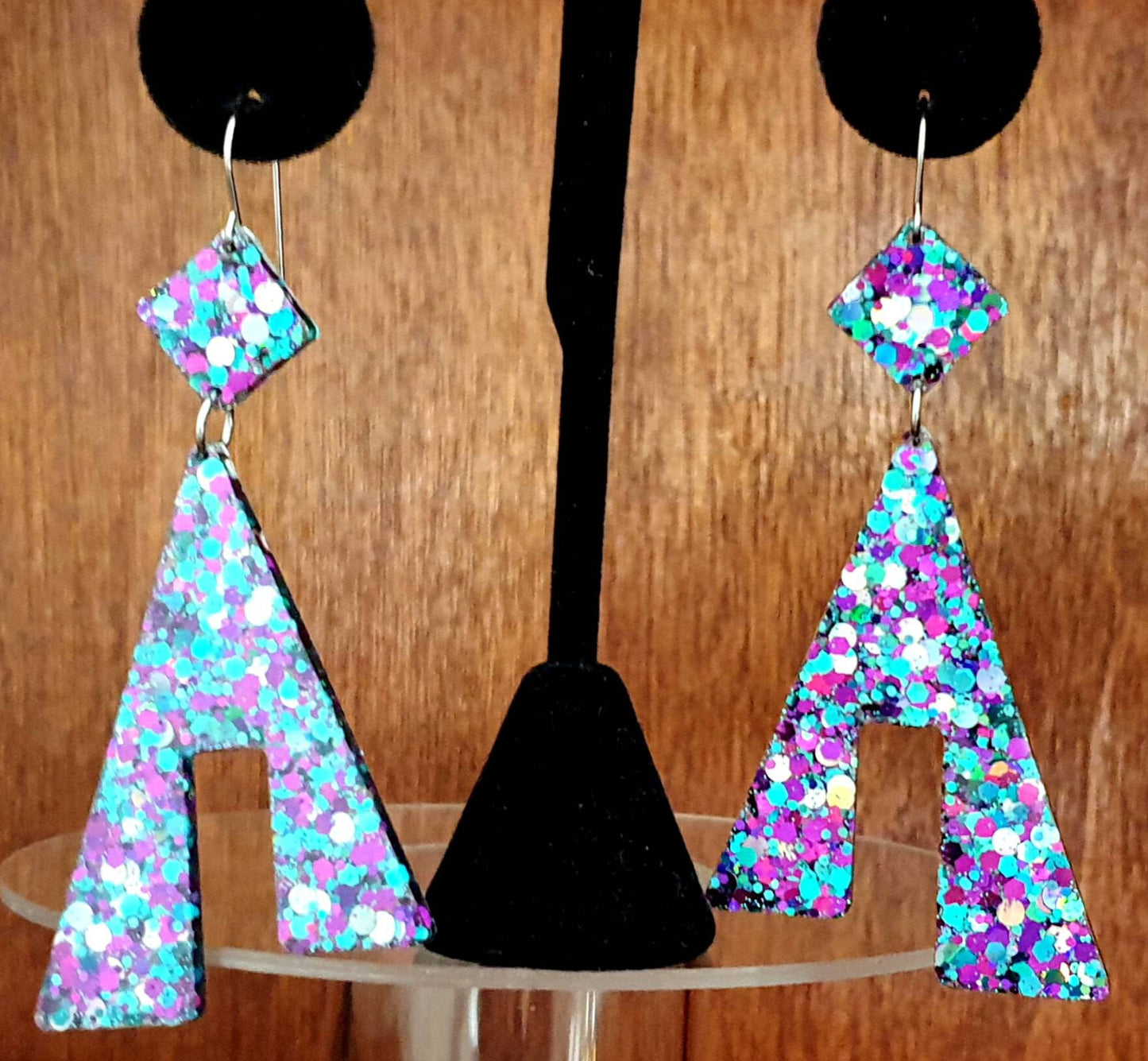 Large Unique Design Long Dangle Earrings, Teal Silver Purple Glitter Resin Dangle Statement Earrings