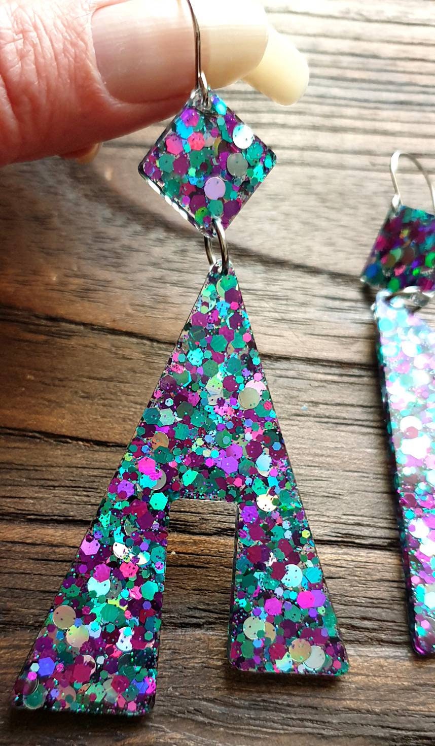 Large Unique Design Long Dangle Earrings, Teal Silver Purple Glitter Resin Dangle Statement Earrings