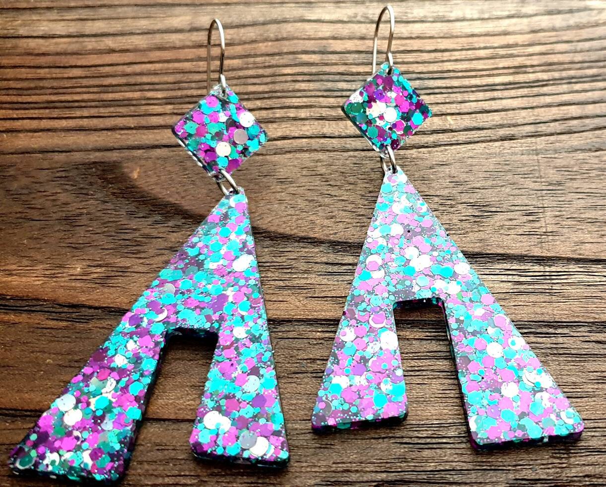 Large Unique Design Long Dangle Earrings, Teal Silver Purple Glitter Resin Dangle Statement Earrings