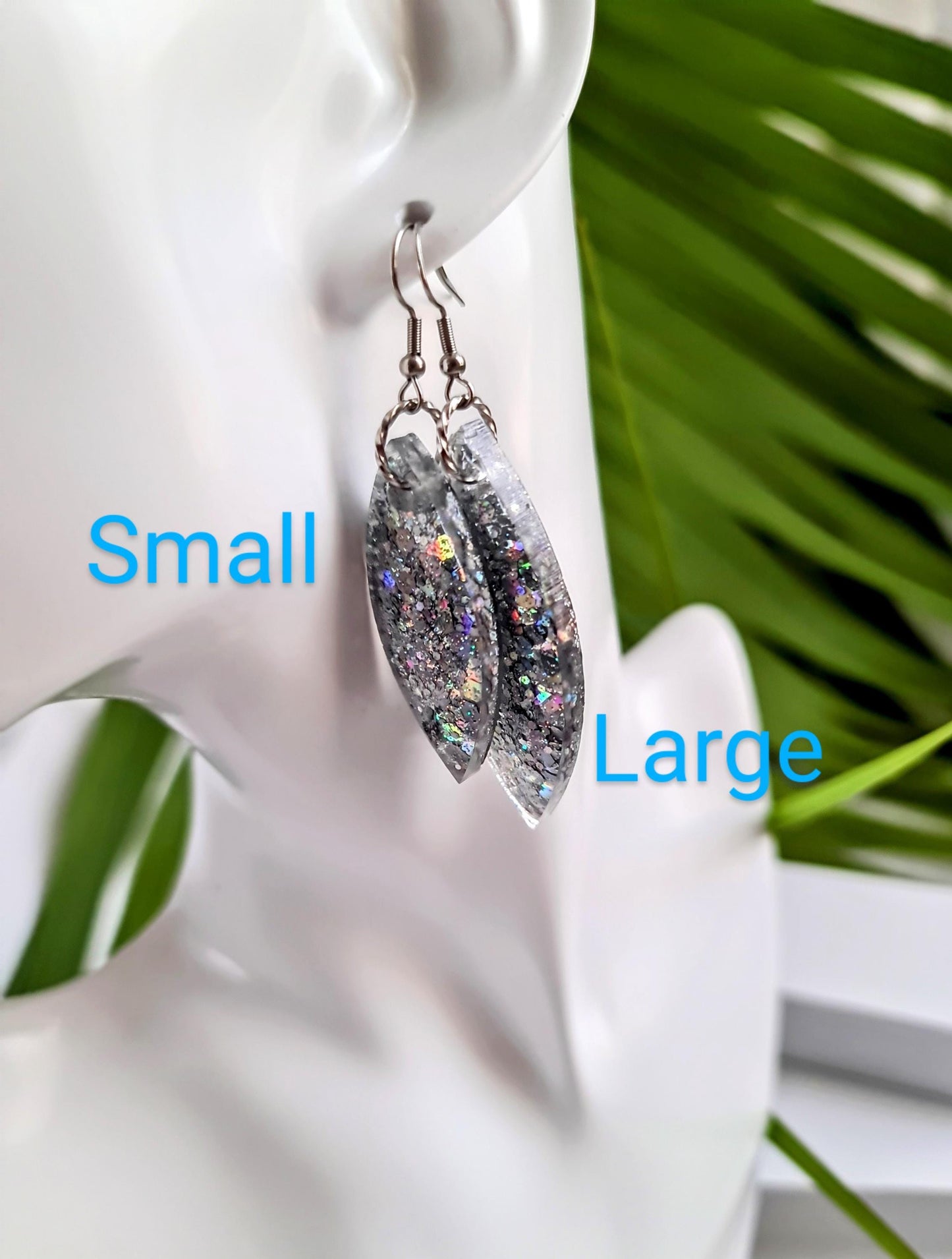 Silver Holographic Resin Earrings, Leaf Shape Dangle Earrings, Statement Earrings, Large & Small Sizes, Handmade Glitter Jewelry, Lightweigh