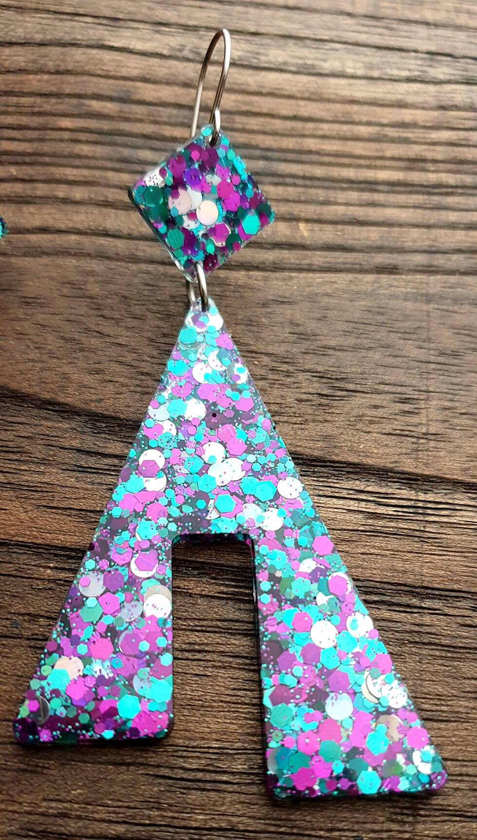 Large Unique Design Long Dangle Earrings, Teal Silver Purple Glitter Resin Dangle Statement Earrings