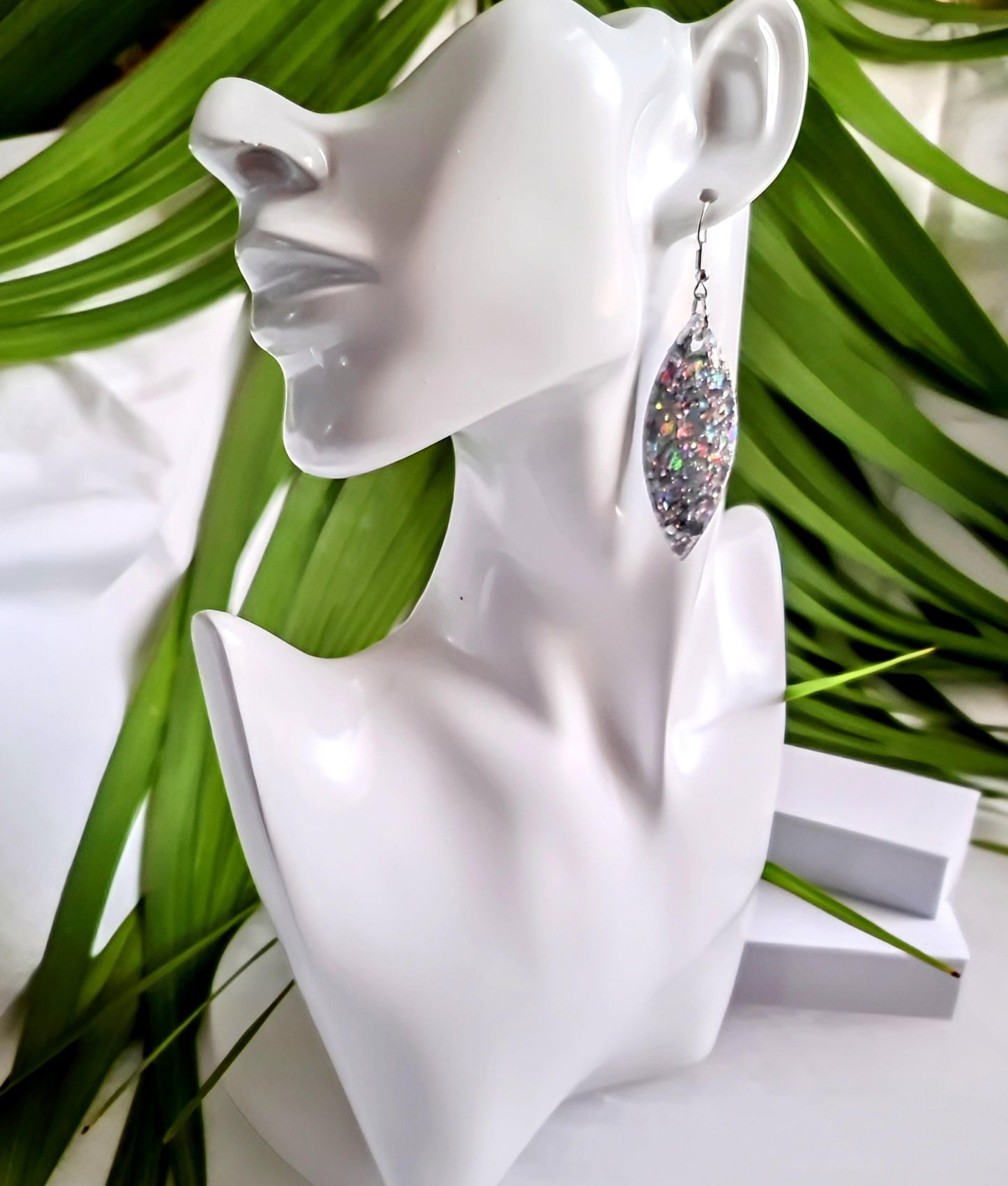 Silver Holographic Resin Earrings, Leaf Shape Dangle Earrings, Statement Earrings, Large & Small Sizes, Handmade Glitter Jewelry, Lightweigh