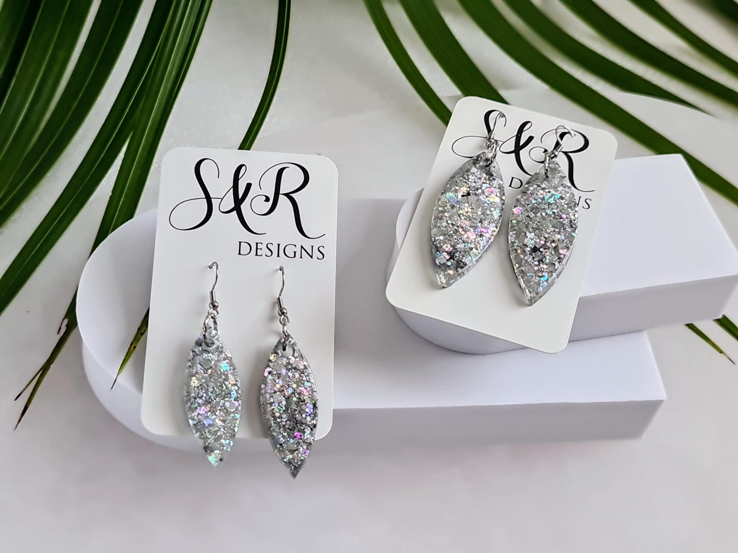 Silver Holographic Resin Earrings, Leaf Shape Dangle Earrings, Statement Earrings, Large & Small Sizes, Handmade Glitter Jewelry, Lightweigh