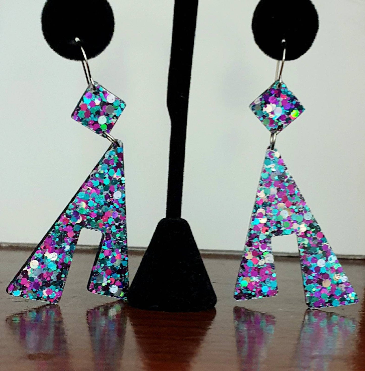 Large Unique Design Long Dangle Earrings, Teal Silver Purple Glitter Resin Dangle Statement Earrings