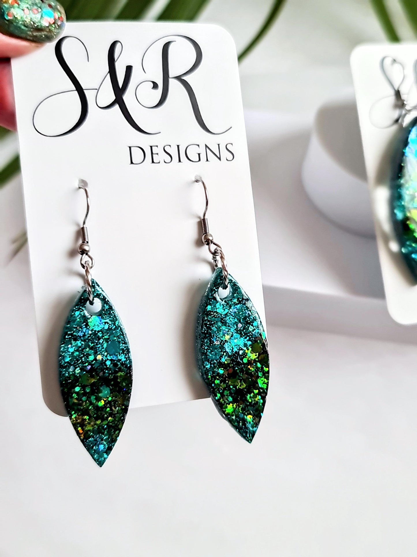 Turquoise Green Resin Earrings, Leaf Shape Dangle Earrings, Statement Earrings, Large & Small Sizes, Handmade Glitter Jewelry, Lightweight