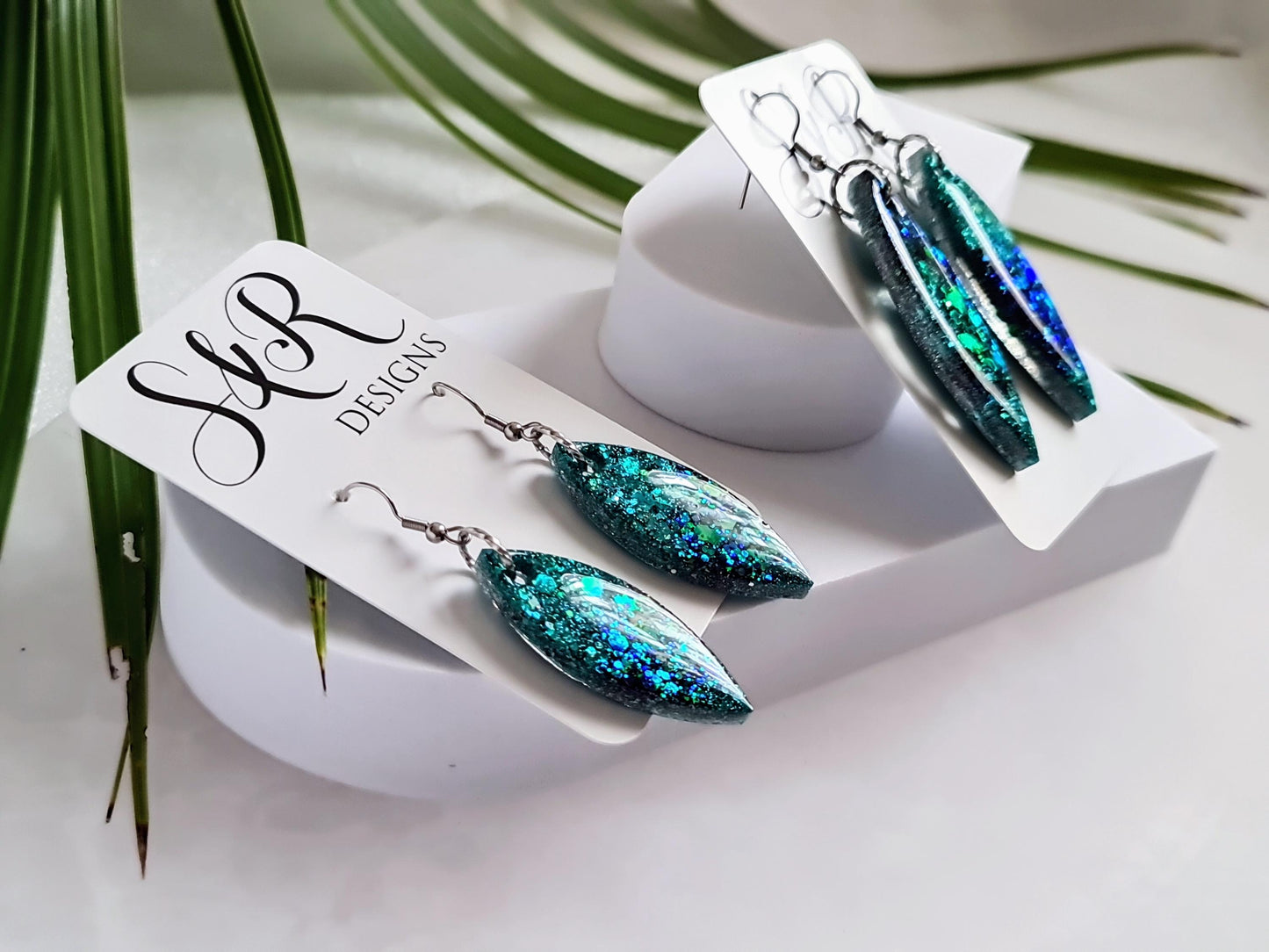 Turquoise Green Resin Earrings, Leaf Shape Dangle Earrings, Statement Earrings, Large & Small Sizes, Handmade Glitter Jewelry, Lightweight