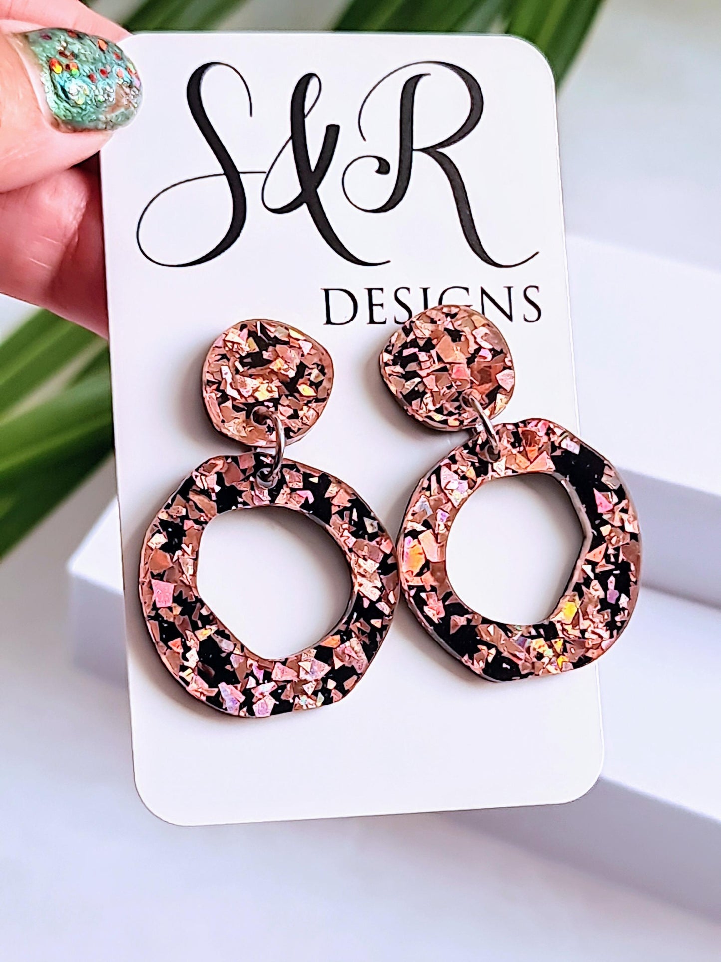 Circle Dangle Drop Earrings, Statement Asymmetric Organic Circle, Rose Gold Black Acrylic Dangle Earrings, Hypoallergenic Gift for Her