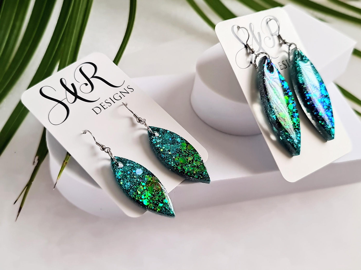 Turquoise Green Resin Earrings, Leaf Shape Dangle Earrings, Statement Earrings, Large & Small Sizes, Handmade Glitter Jewelry, Lightweight