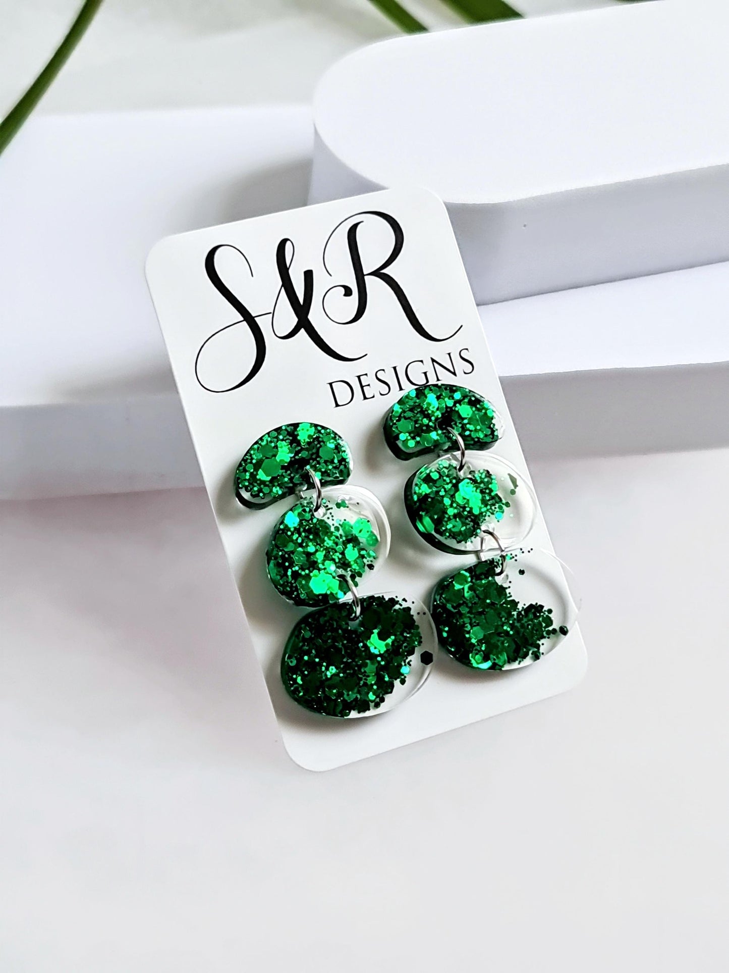 Statement Emerald Green Organic Shape Drop Earrings, Handmade Glitter Resin Earrings, Stainless Steel Hypoallergenic. Gift for Her.