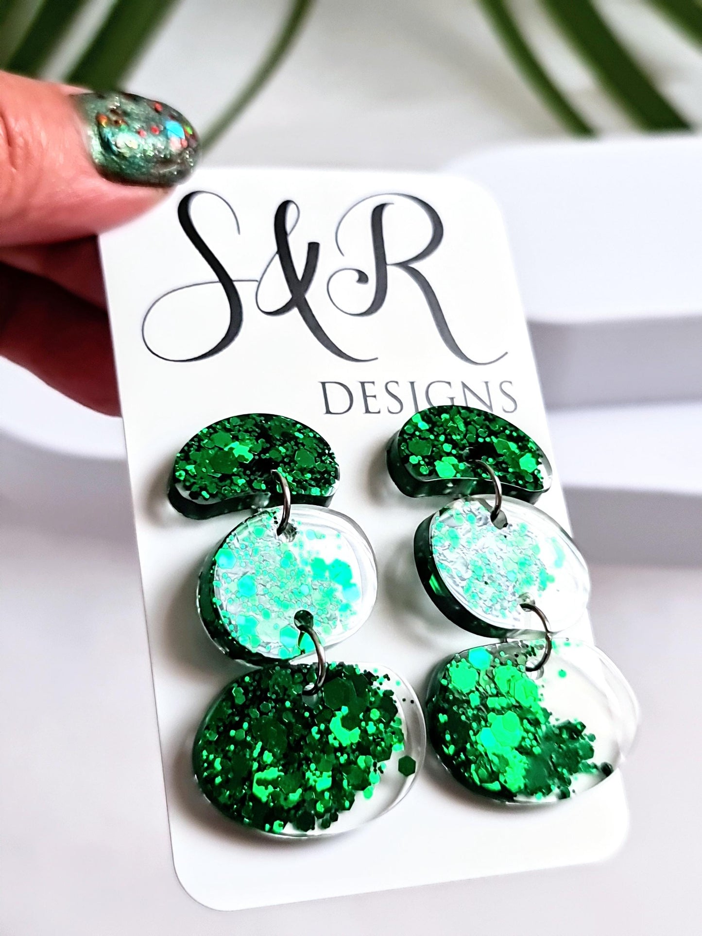 Statement Emerald Green Organic Shape Drop Earrings, Handmade Glitter Resin Earrings, Stainless Steel Hypoallergenic. Gift for Her.