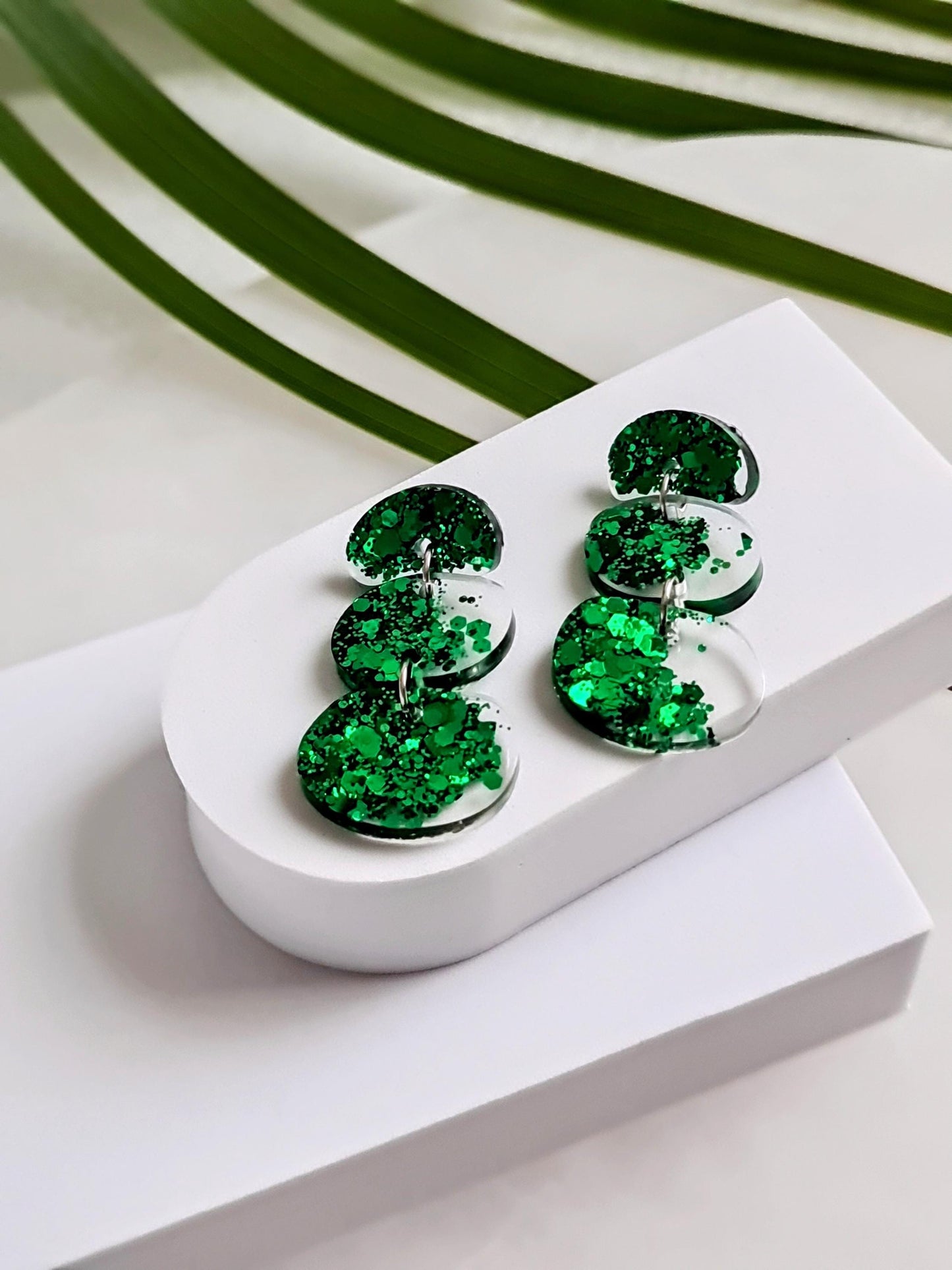 Statement Emerald Green Organic Shape Drop Earrings, Handmade Glitter Resin Earrings, Stainless Steel Hypoallergenic. Gift for Her.