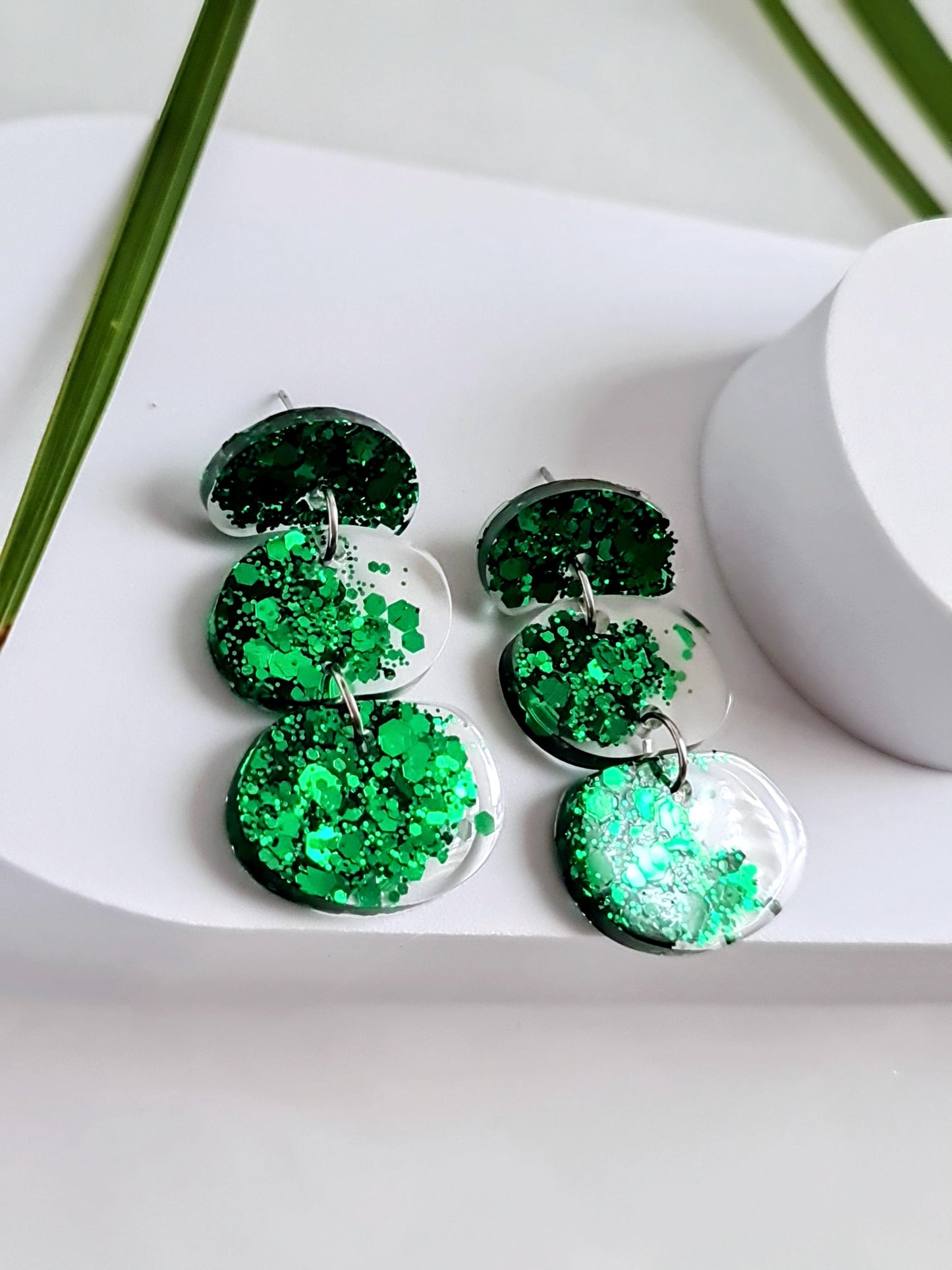 Statement Emerald Green Organic Shape Drop Earrings, Handmade Glitter Resin Earrings, Stainless Steel Hypoallergenic. Gift for Her.