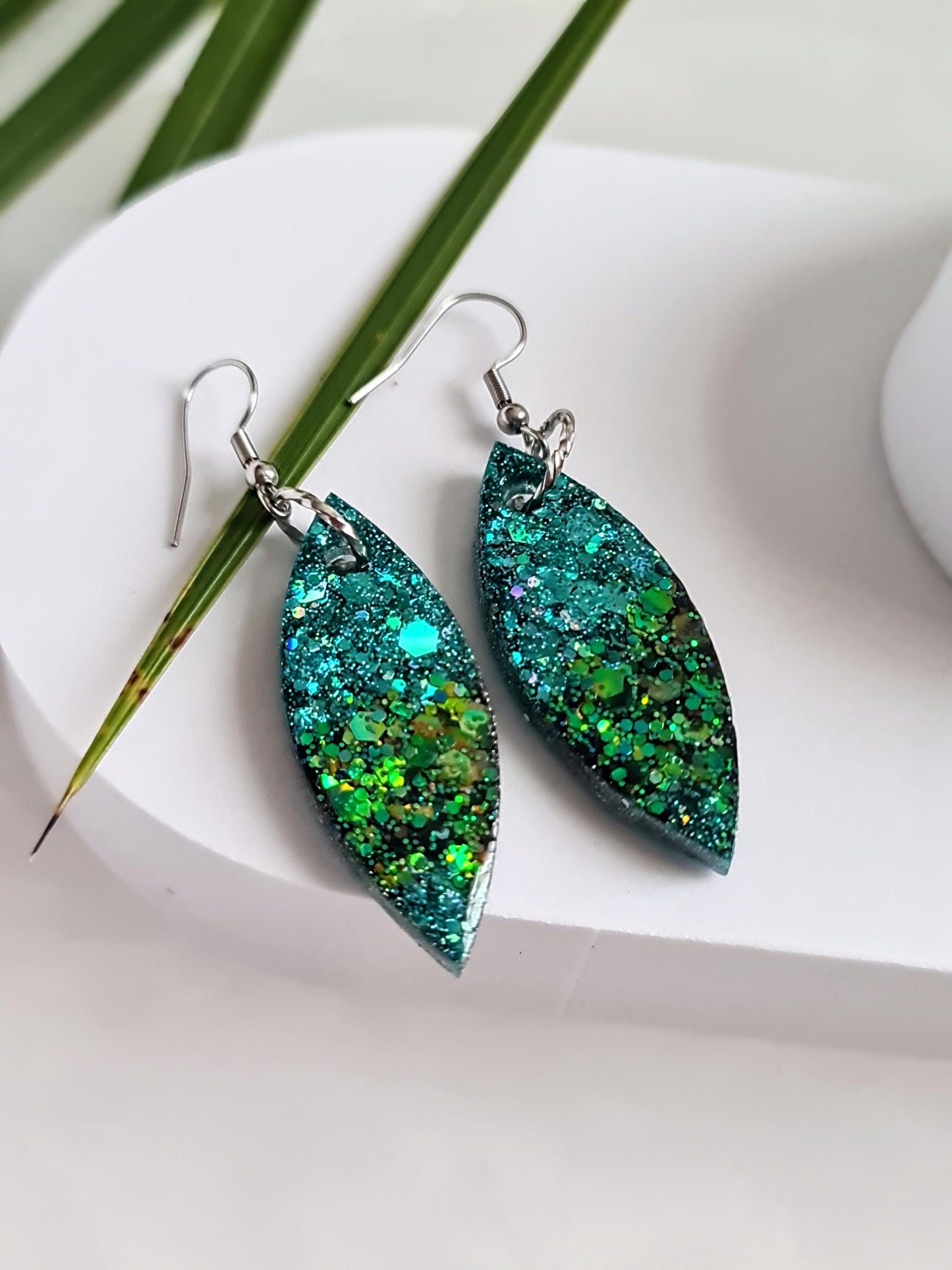 Turquoise Green Resin Earrings, Leaf Shape Dangle Earrings, Statement Earrings, Large & Small Sizes, Handmade Glitter Jewelry, Lightweight