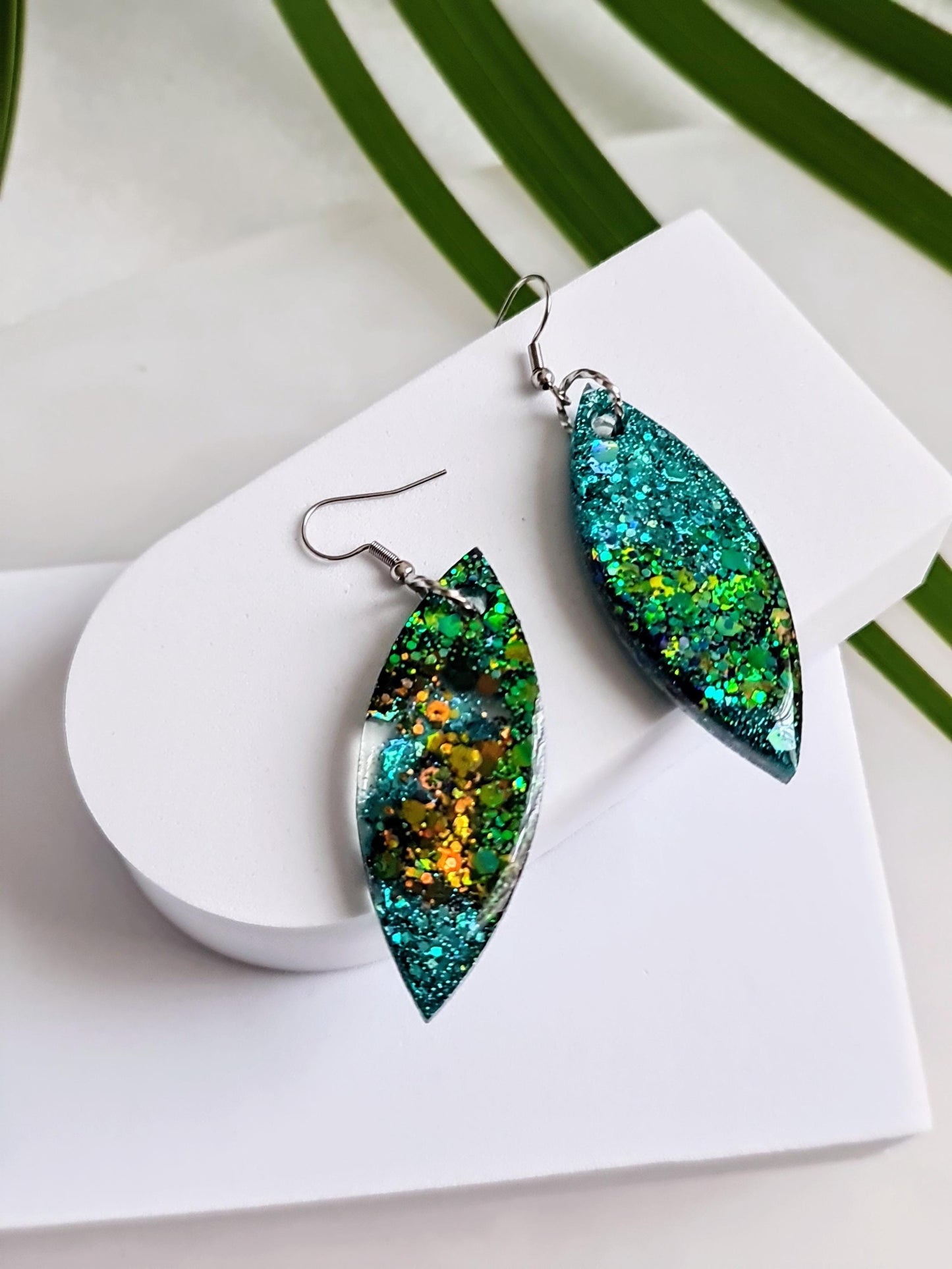 Turquoise Green Resin Earrings, Leaf Shape Dangle Earrings, Statement Earrings, Large & Small Sizes, Handmade Glitter Jewelry, Lightweight
