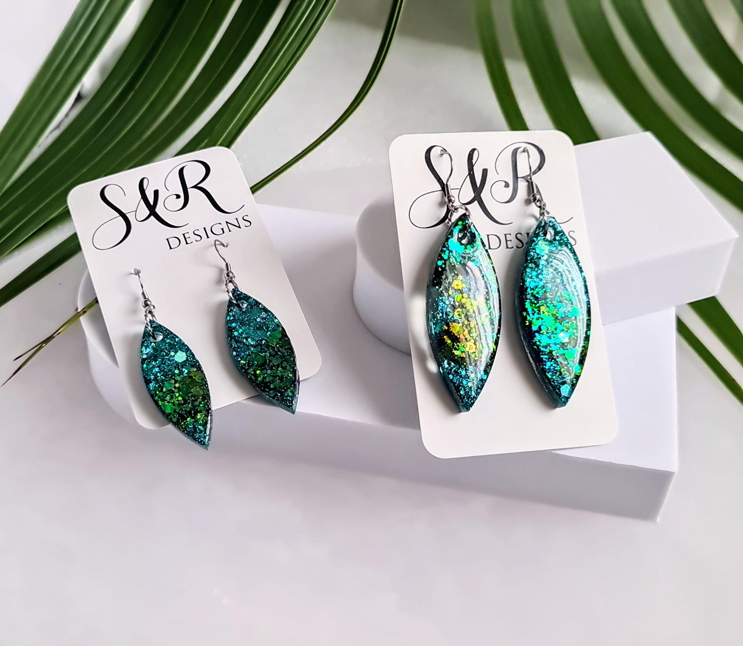 Turquoise Green Resin Earrings, Leaf Shape Dangle Earrings, Statement Earrings, Large & Small Sizes, Handmade Glitter Jewelry, Lightweight