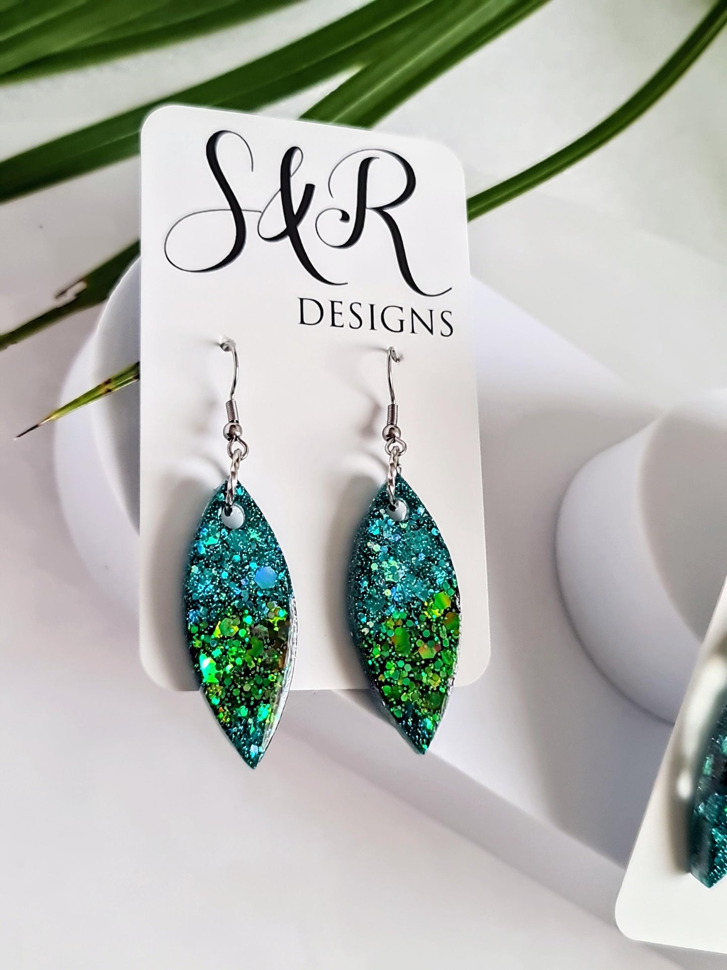 Turquoise Green Resin Earrings, Leaf Shape Dangle Earrings, Statement Earrings, Large & Small Sizes, Handmade Glitter Jewelry, Lightweight