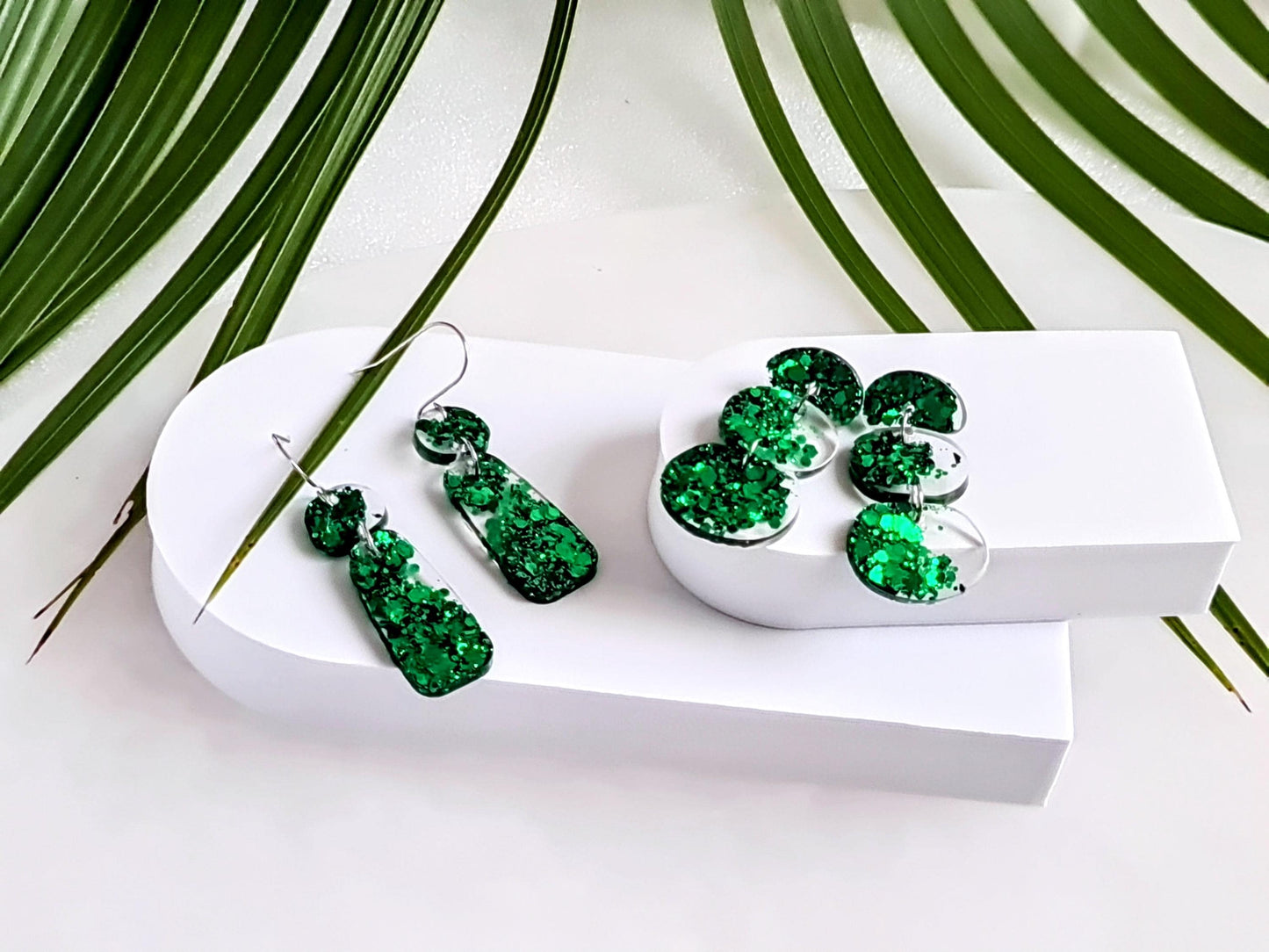 Statement Emerald Green Organic Shape Drop Earrings, Handmade Glitter Resin Earrings, Stainless Steel Hypoallergenic. Gift for Her.