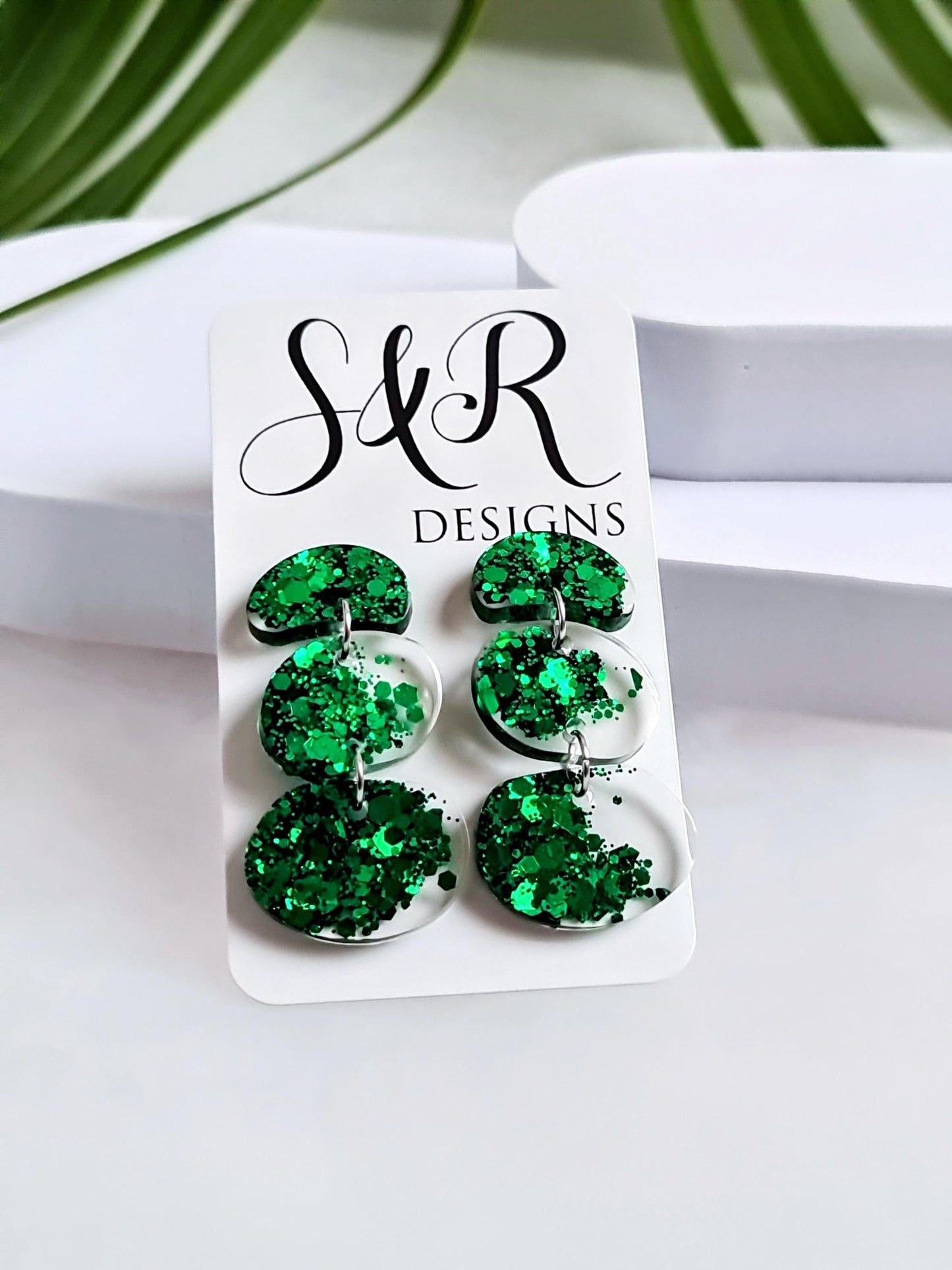 Statement Emerald Green Organic Shape Drop Earrings, Handmade Glitter Resin Earrings, Stainless Steel Hypoallergenic. Gift for Her.