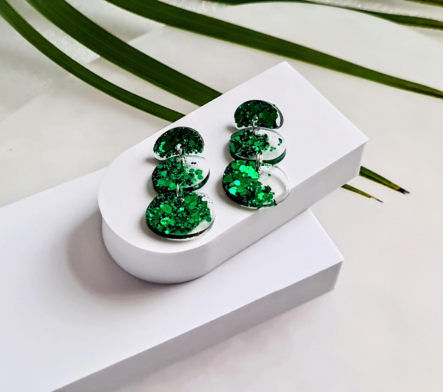 Statement Emerald Green Organic Shape Drop Earrings, Handmade Glitter Resin Earrings, Stainless Steel Hypoallergenic. Gift for Her.