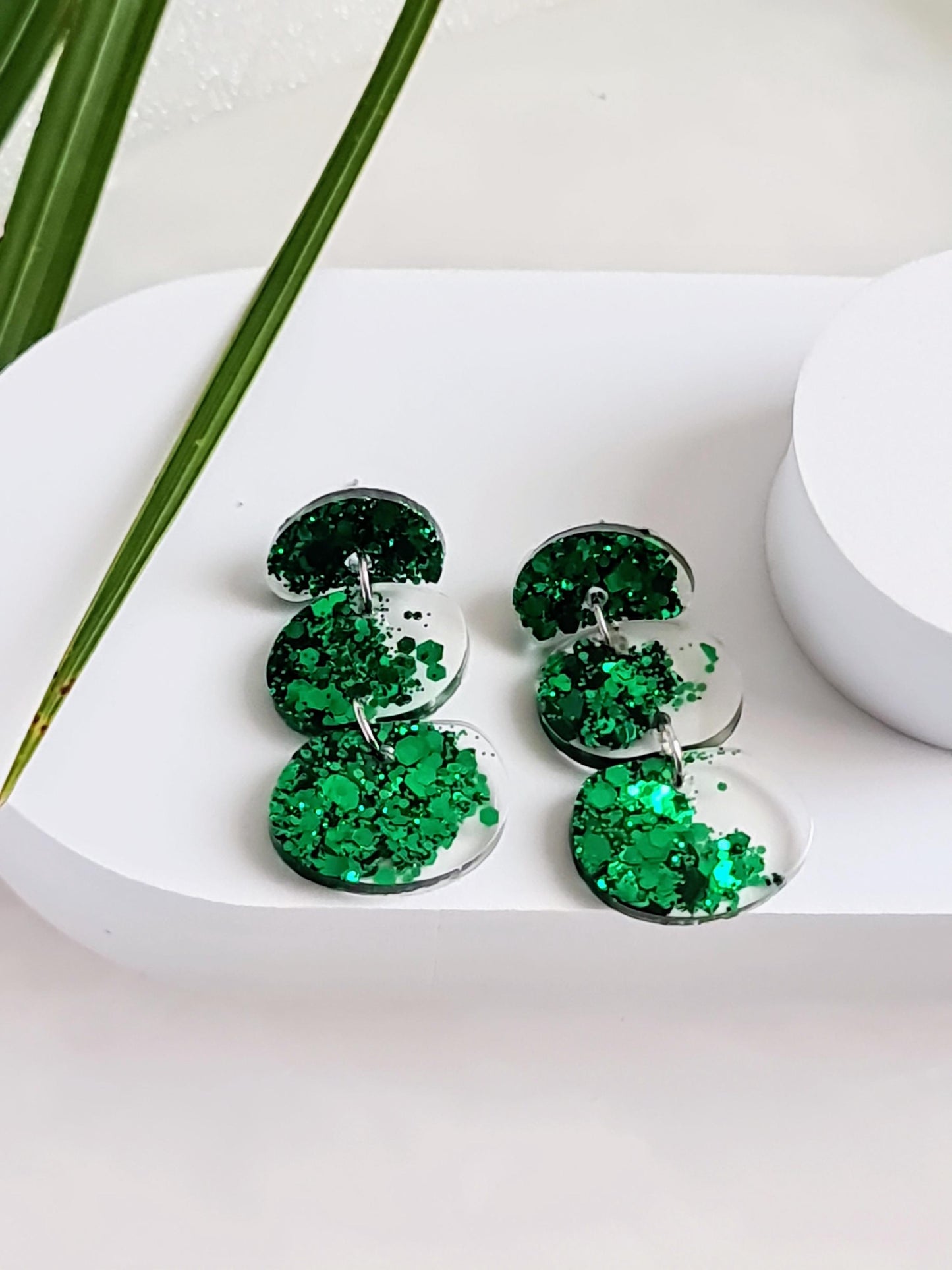 Statement Emerald Green Organic Shape Drop Earrings, Handmade Glitter Resin Earrings, Stainless Steel Hypoallergenic. Gift for Her.