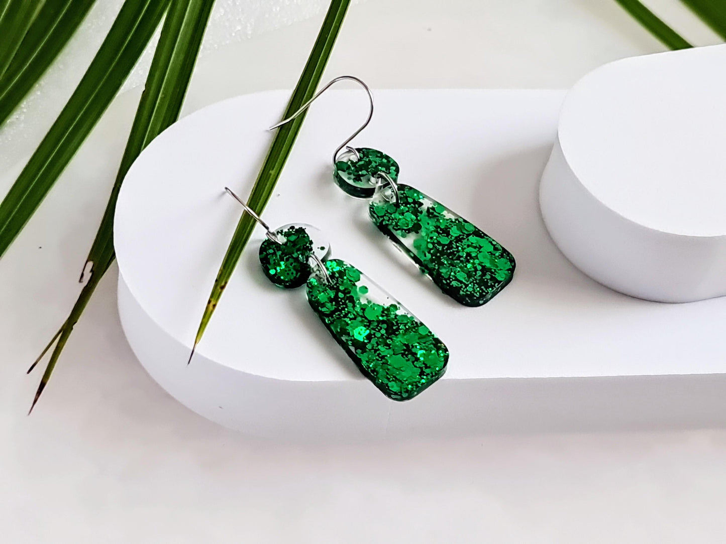 Sparkly Emerald Green Organic Rectangle Shape Drop Earrings, Handmade Glitter Resin Earrings, Stainless Steel Hypoallergenic. Gift for Her