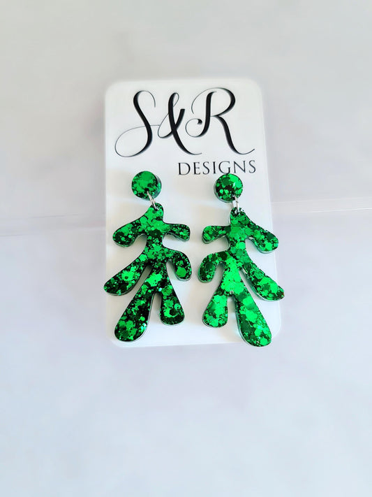 Emerald Green Flower Leaves Dangle Drop Earrings, Glitter Resin Handmade Dangles, Statement Earrings Stainless Steel, Hypoallergenic Studs