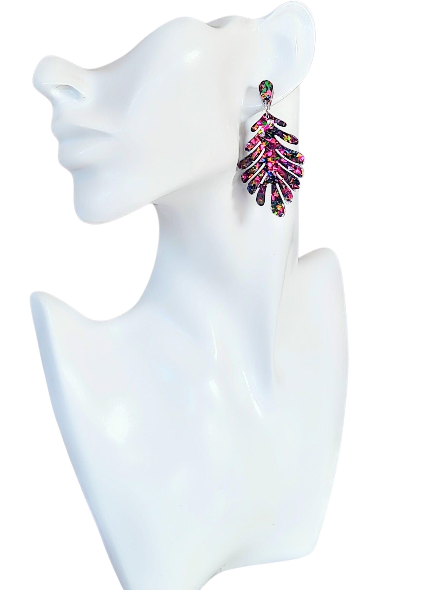Multicoloured Leaves Dangle Drop Earrings, Metalic Mixed Glitter Resin Leaf Earrings, Bold Statement Jewellery, Gift for her, Hypoallergenic