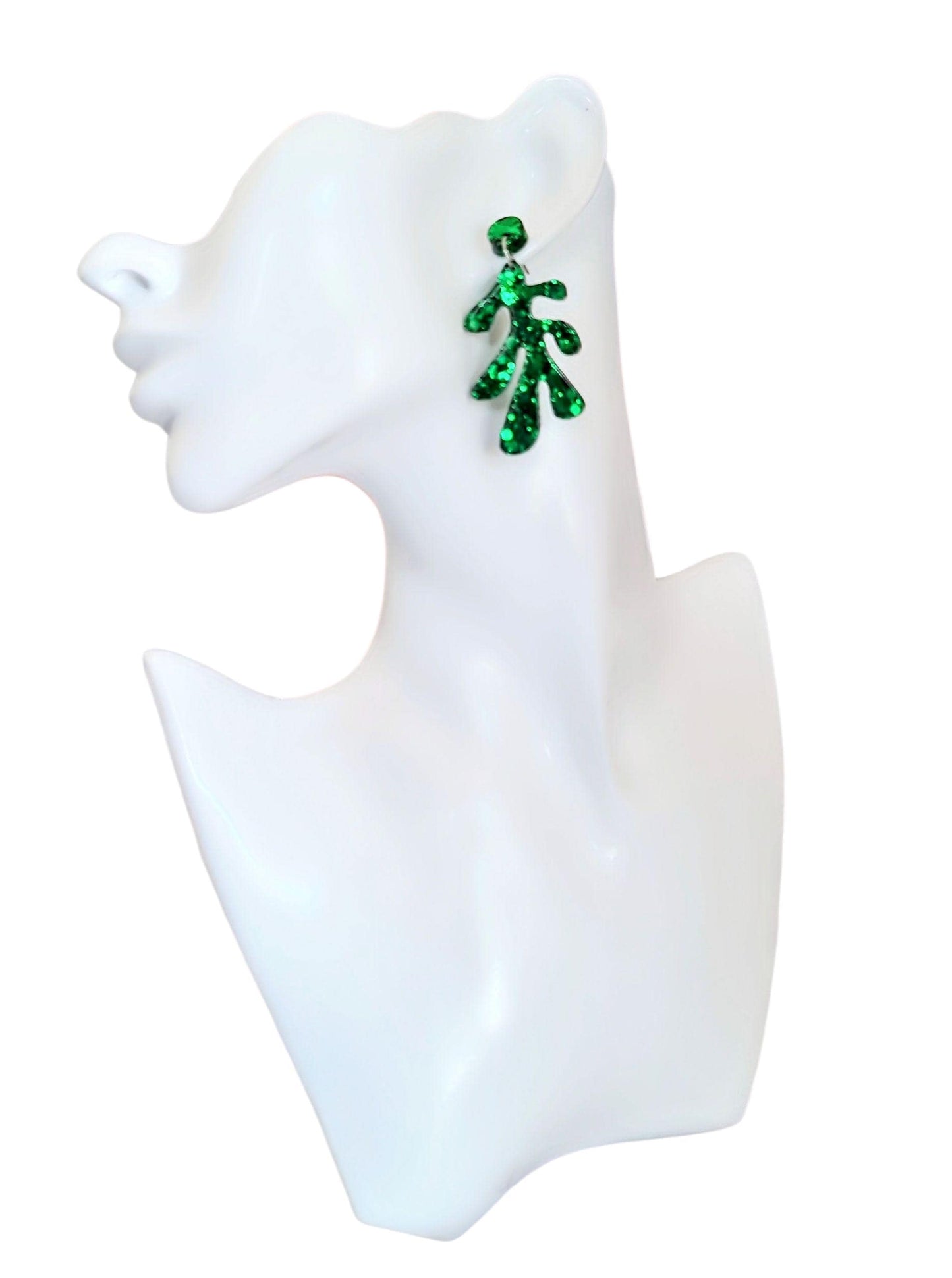Emerald Green Flower Leaves Dangle Drop Earrings, Glitter Resin Handmade Dangles, Statement Earrings Stainless Steel, Hypoallergenic Studs