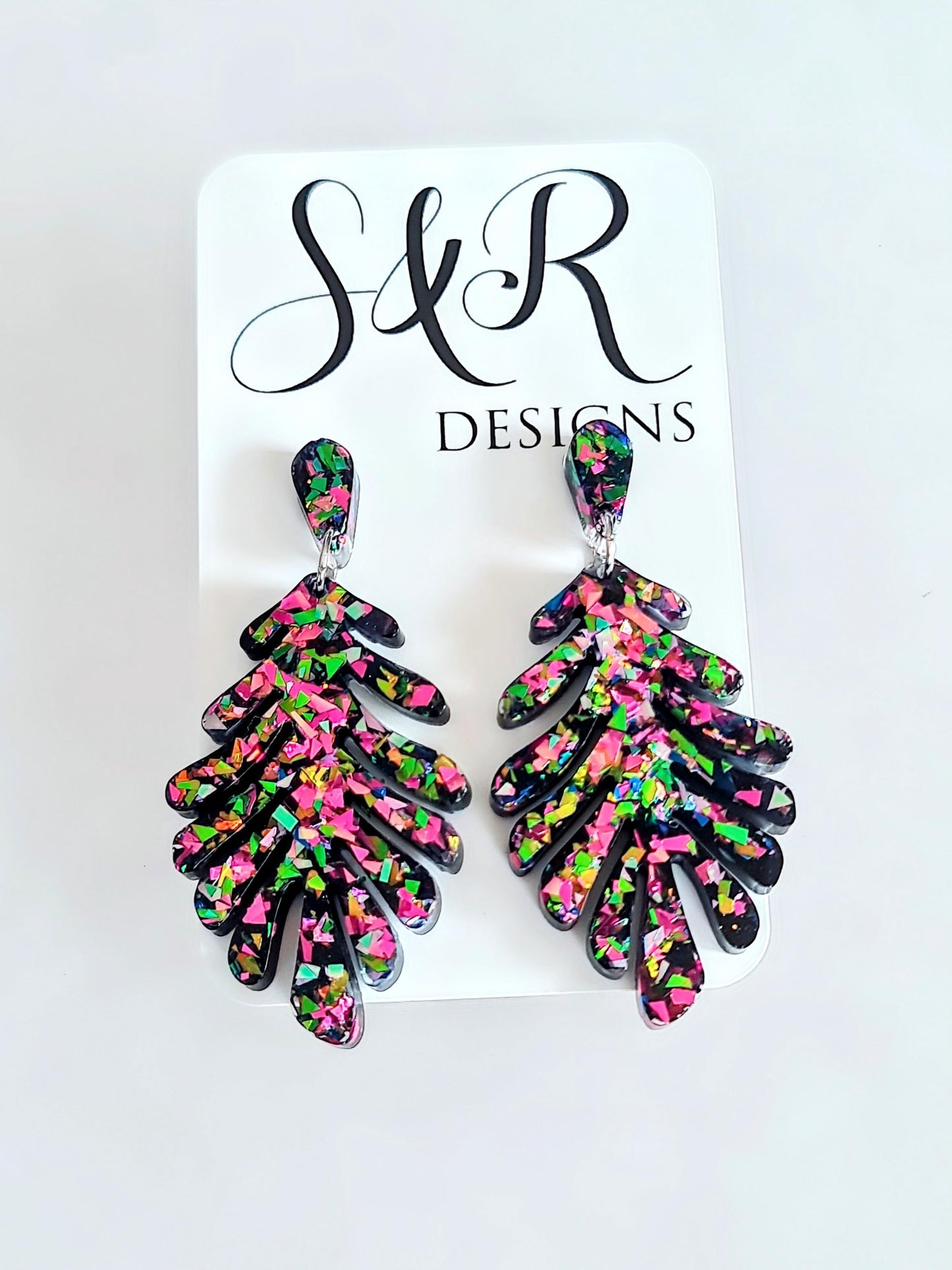 Multicoloured Leaves Dangle Drop Earrings, Metalic Mixed Glitter Resin Leaf Earrings, Bold Statement Jewellery, Gift for her, Hypoallergenic