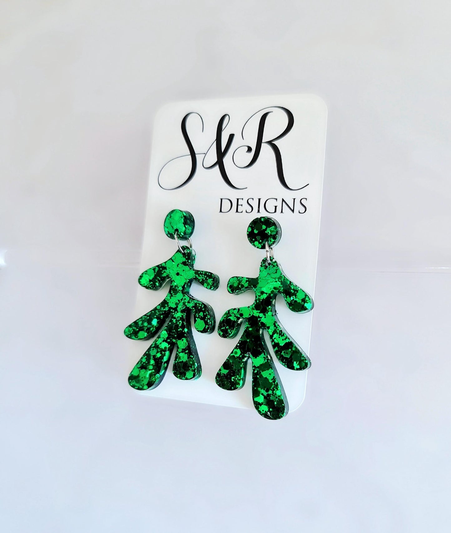 Emerald Green Flower Leaves Dangle Drop Earrings, Glitter Resin Handmade Dangles, Statement Earrings Stainless Steel, Hypoallergenic Studs